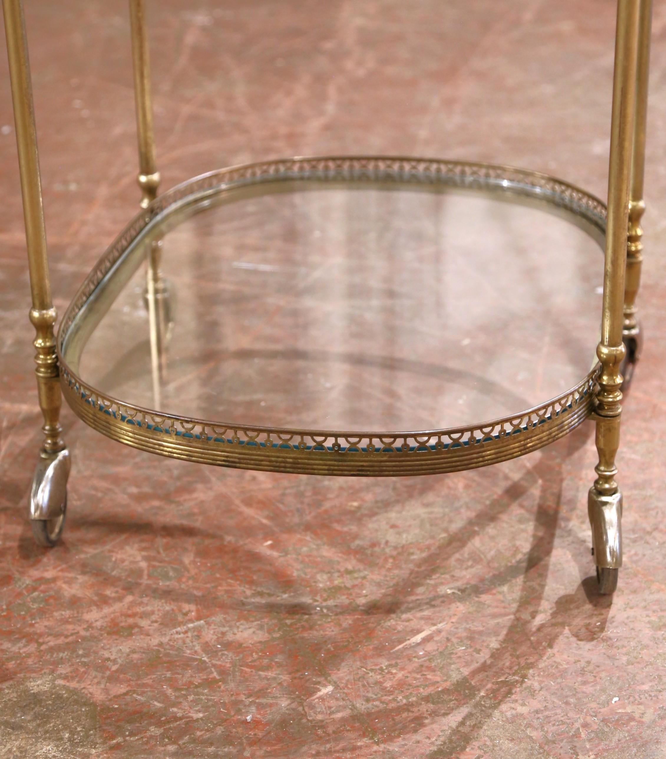 Mid-Century French Gilt Brass Oval Two-Tier Service Trolley Bar Cart on Castors In Excellent Condition For Sale In Dallas, TX