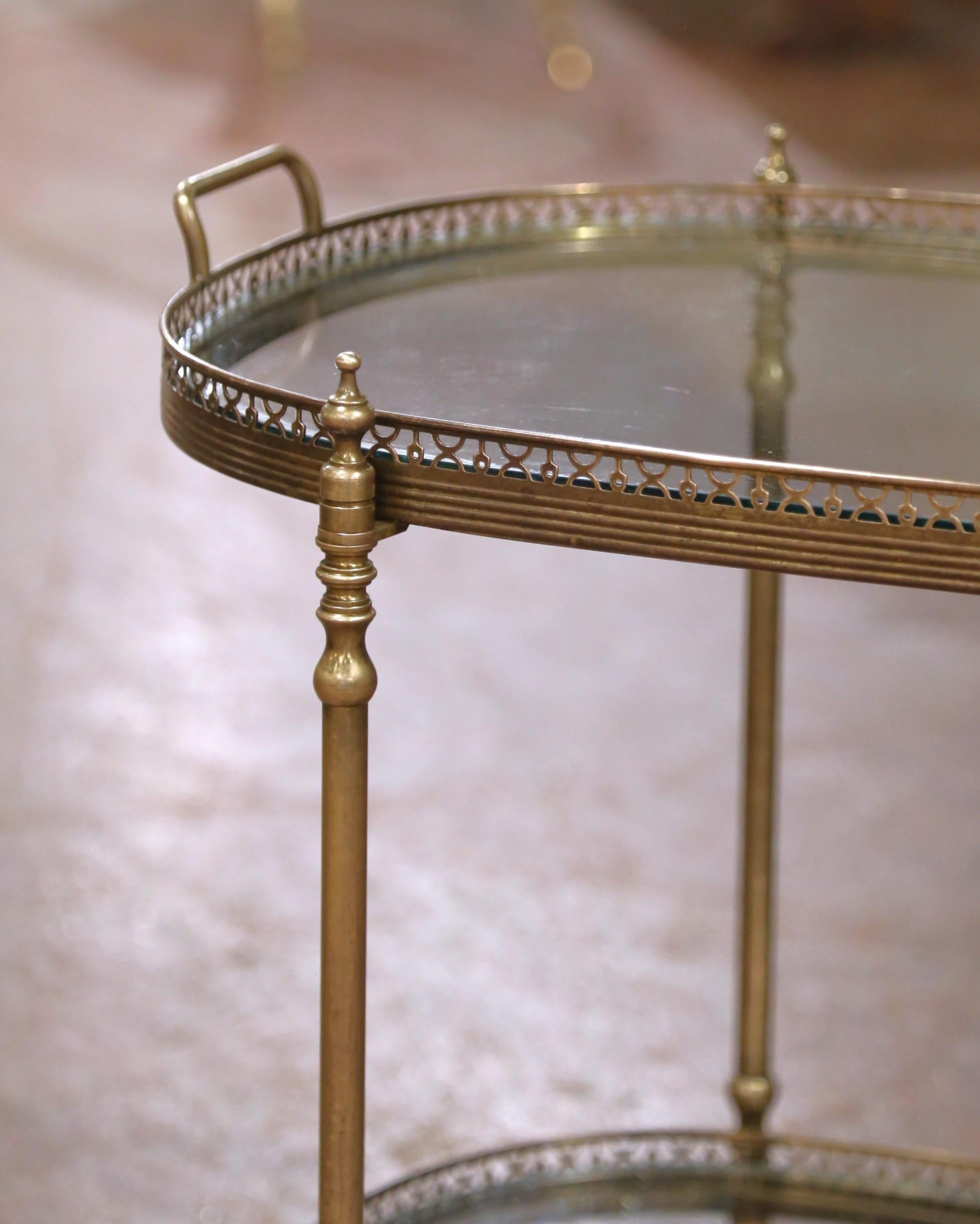 Mid-Century French Gilt Brass Oval Two-Tier Service Trolley Bar Cart on Castors For Sale 1