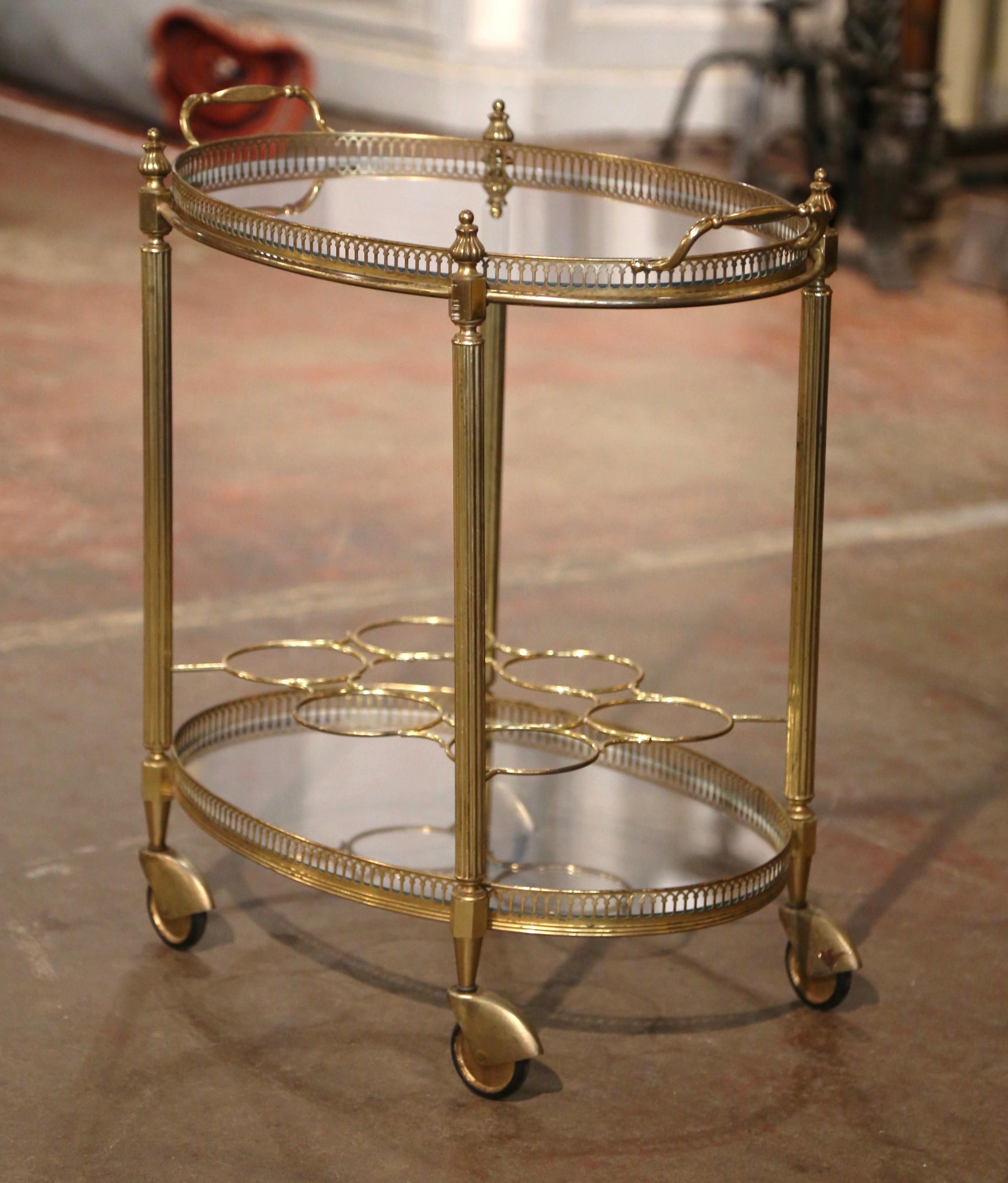 Mid-Century French Gilt Brass Oval Two-Tier Service Trolley Bar Cart on Castors For Sale 2
