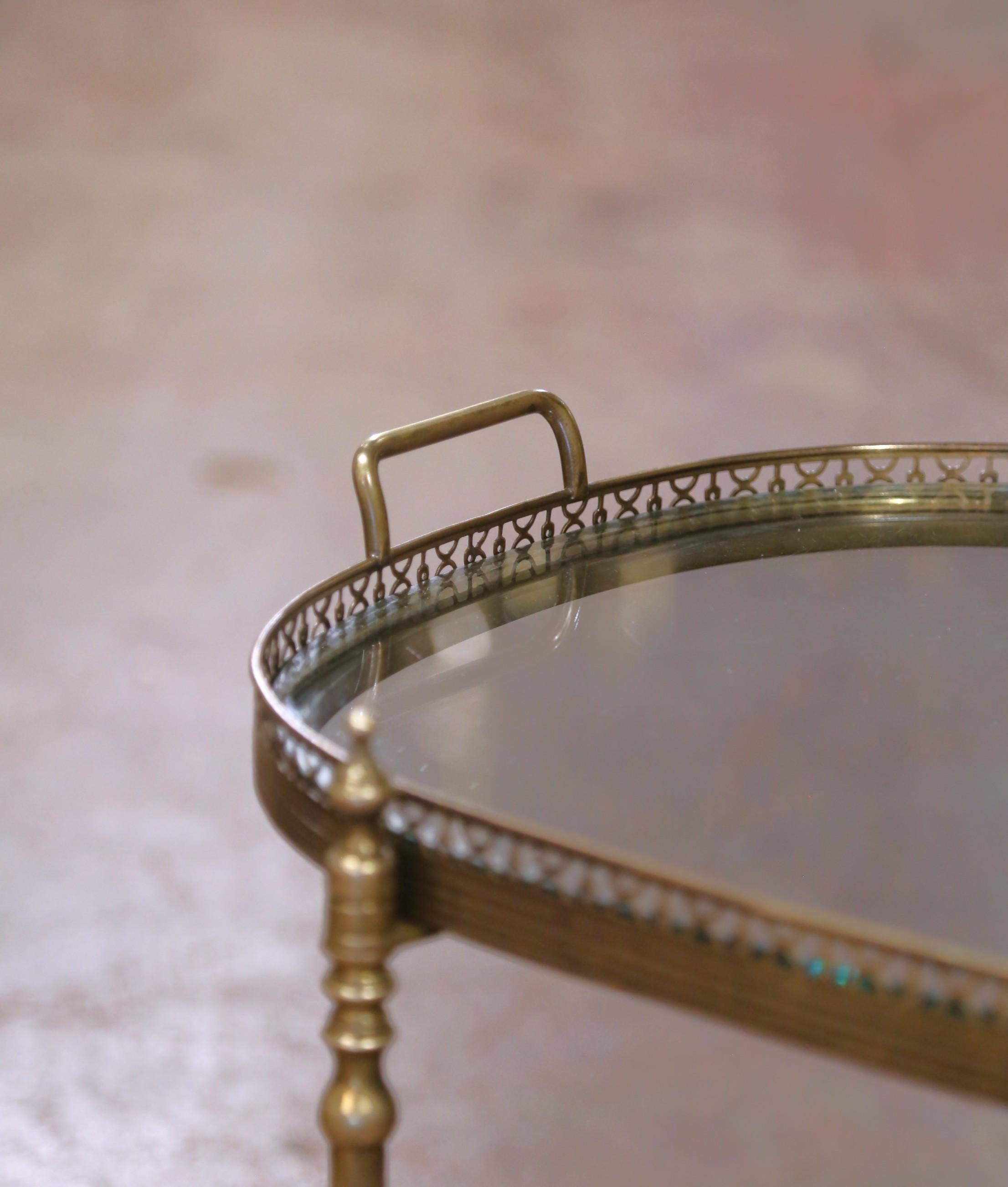 Mid-Century French Gilt Brass Oval Two-Tier Service Trolley Bar Cart on Castors For Sale 2