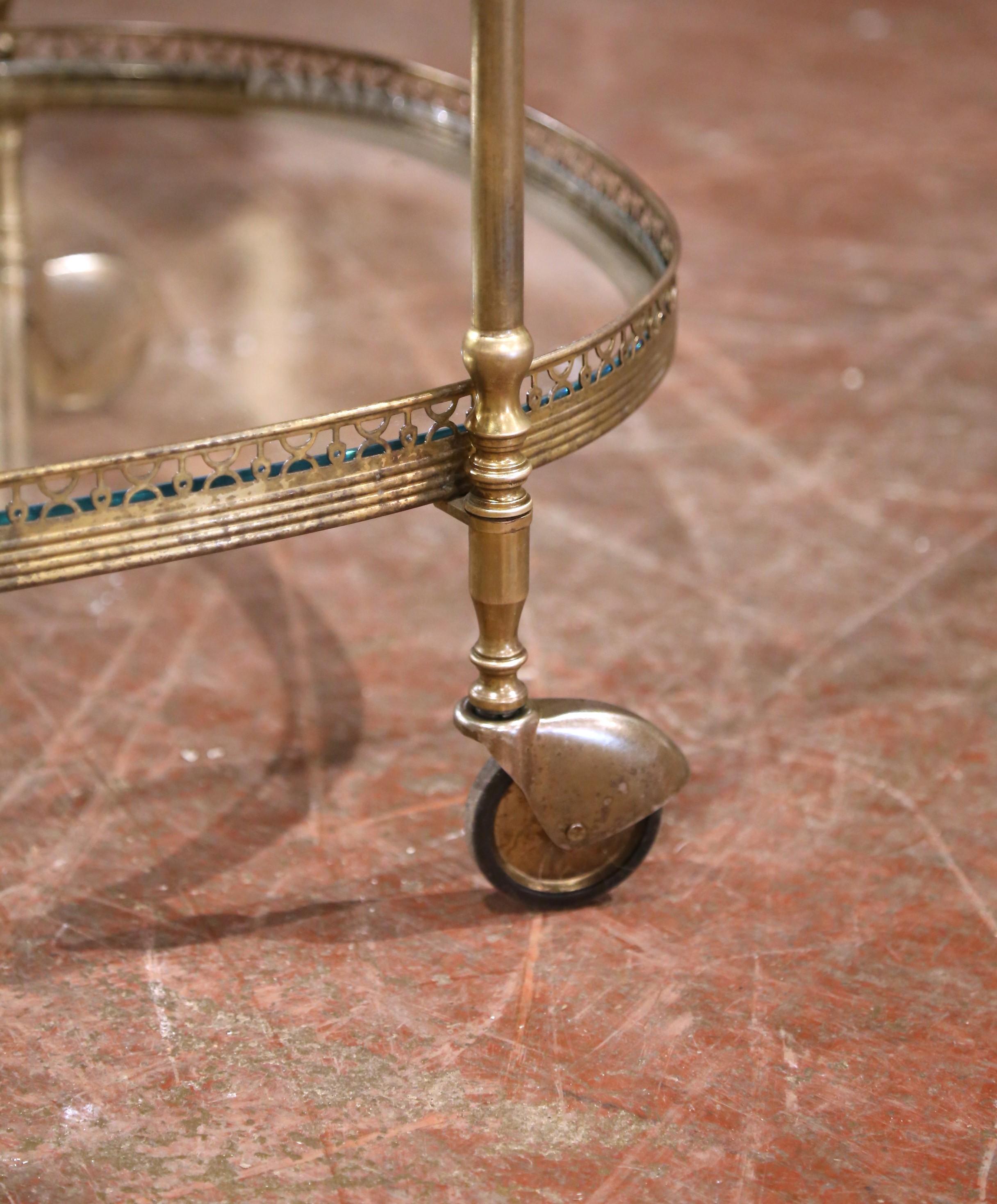 Mid-Century French Gilt Brass Oval Two-Tier Service Trolley Bar Cart on Castors For Sale 3