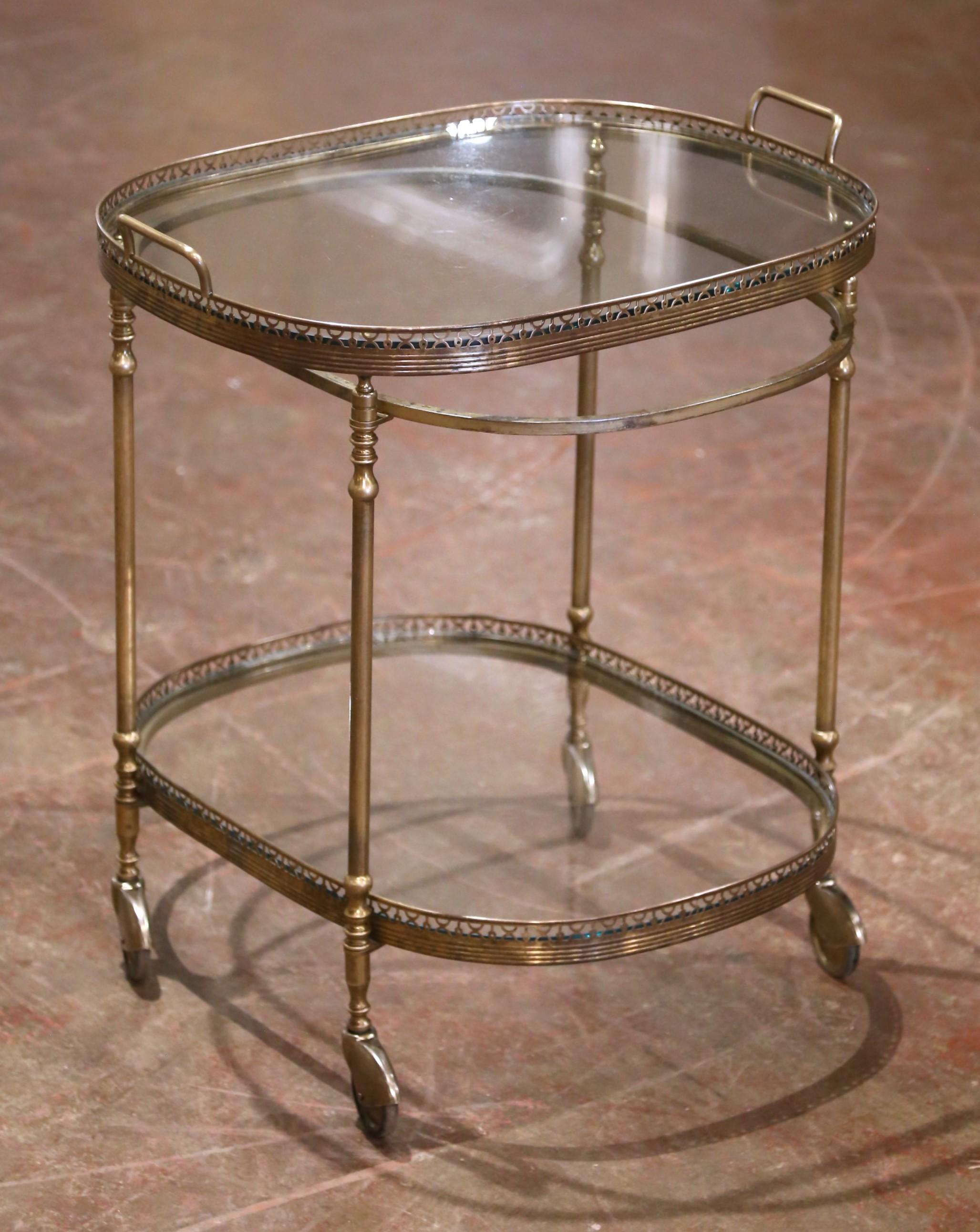 Mid-Century French Gilt Brass Oval Two-Tier Service Trolley Bar Cart on Castors For Sale 4