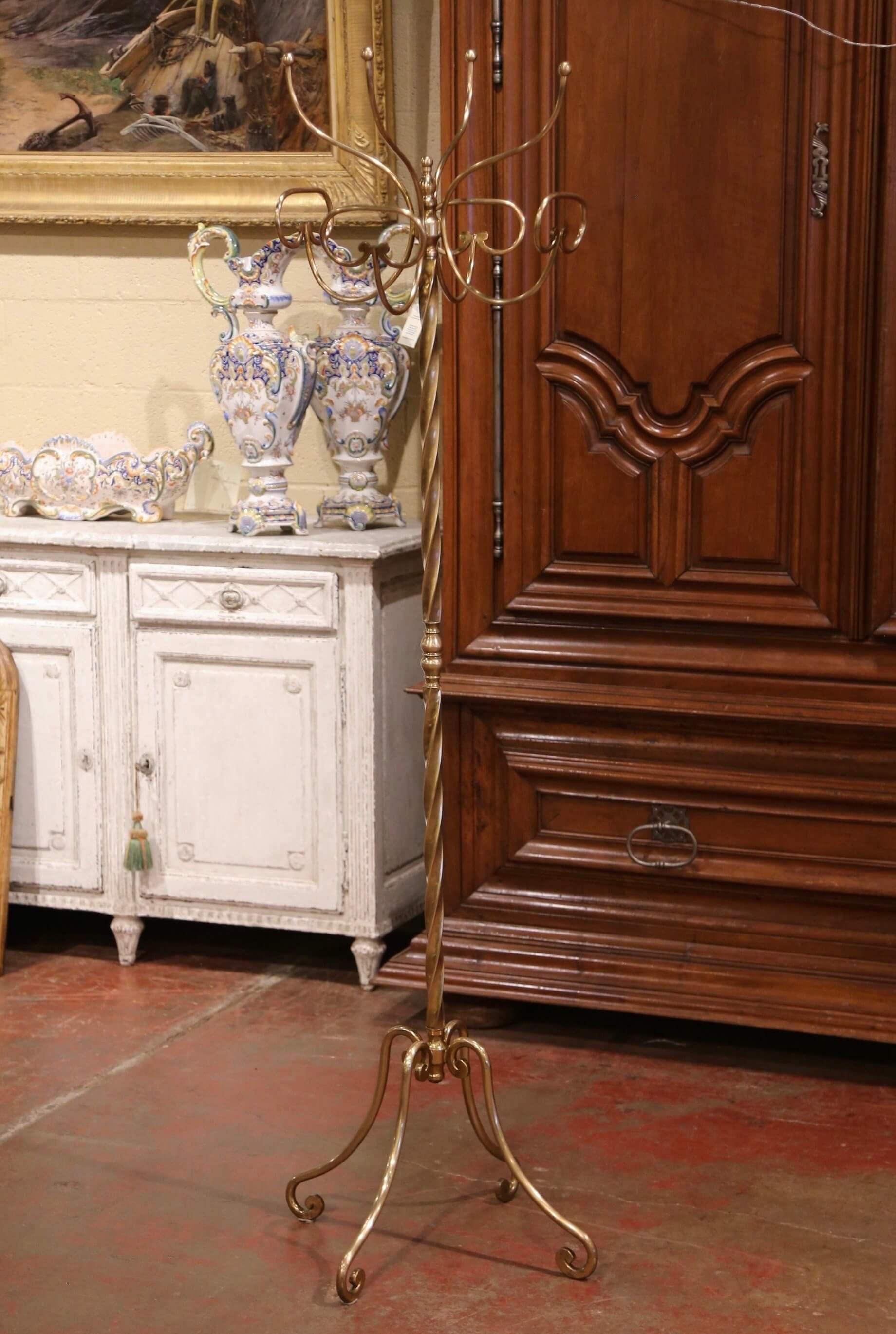 Art Deco Mid-Century French Gilt Brass Swivel Four Hat-Coat Hooks Hall Tree