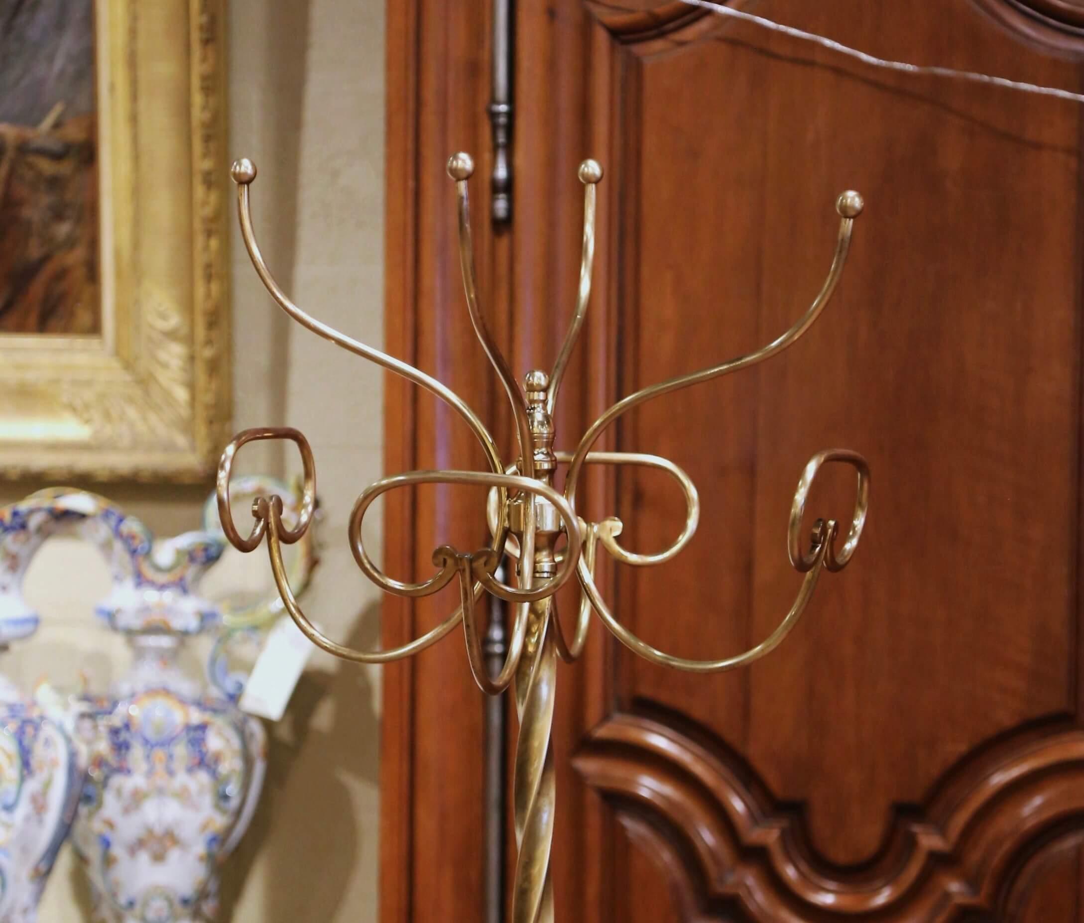 Patinated Mid-Century French Gilt Brass Swivel Four Hat-Coat Hooks Hall Tree