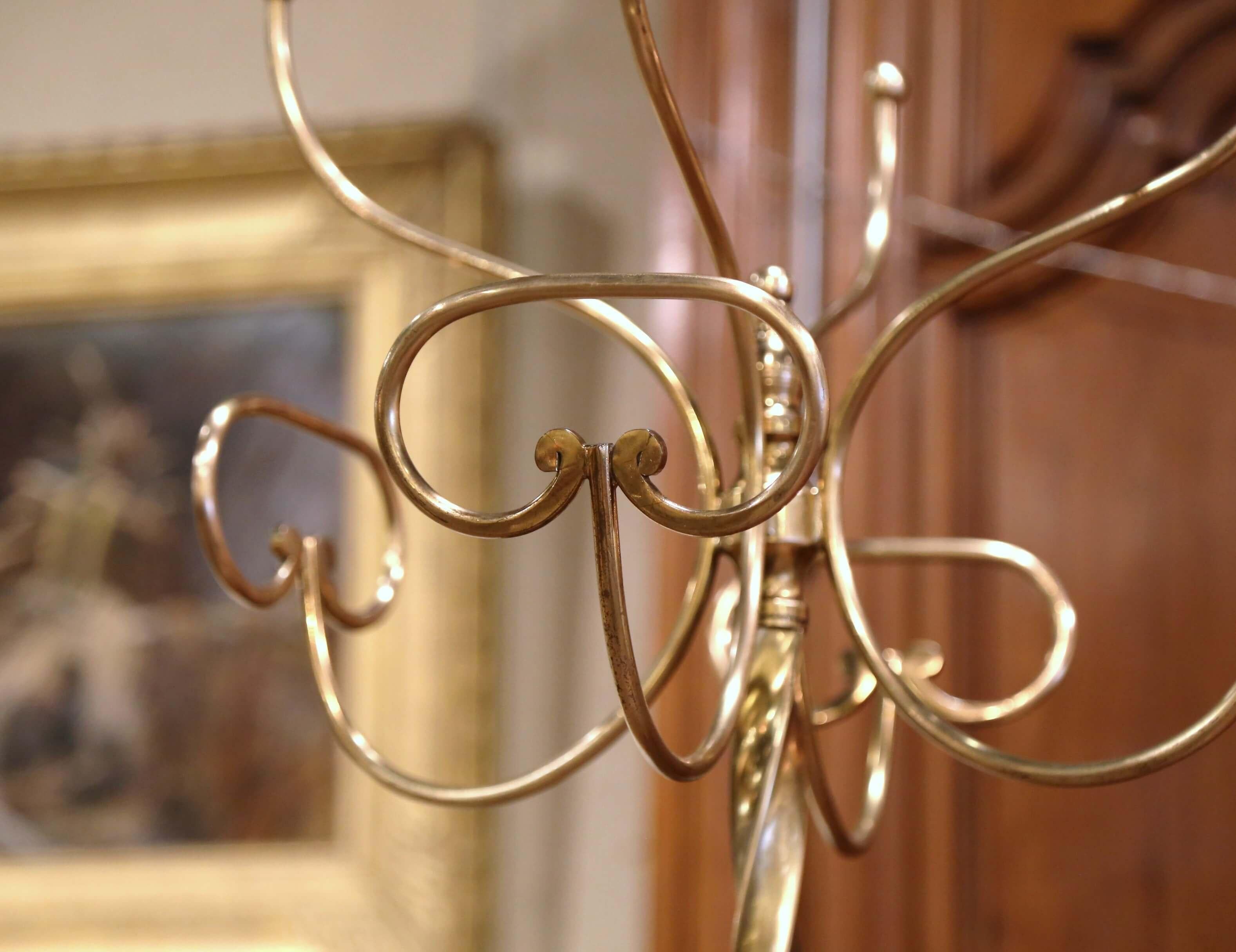Mid-Century French Gilt Brass Swivel Four Hat-Coat Hooks Hall Tree In Excellent Condition In Dallas, TX