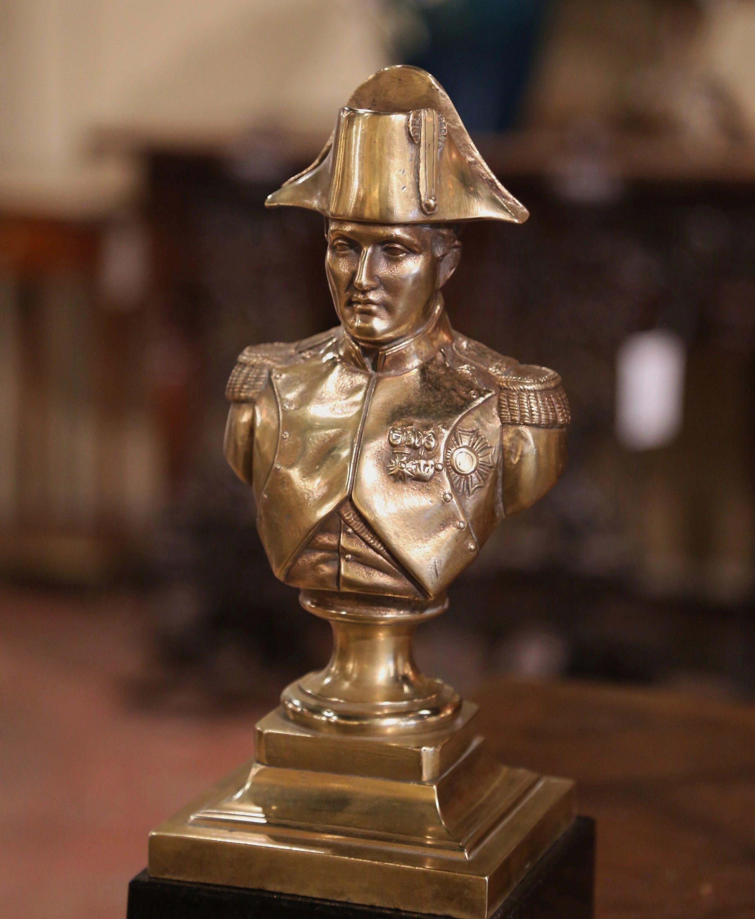 Patinated Mid-Century French Gilt Bronze Bust of Napoleon on Marble Base Signed Ajaccio For Sale