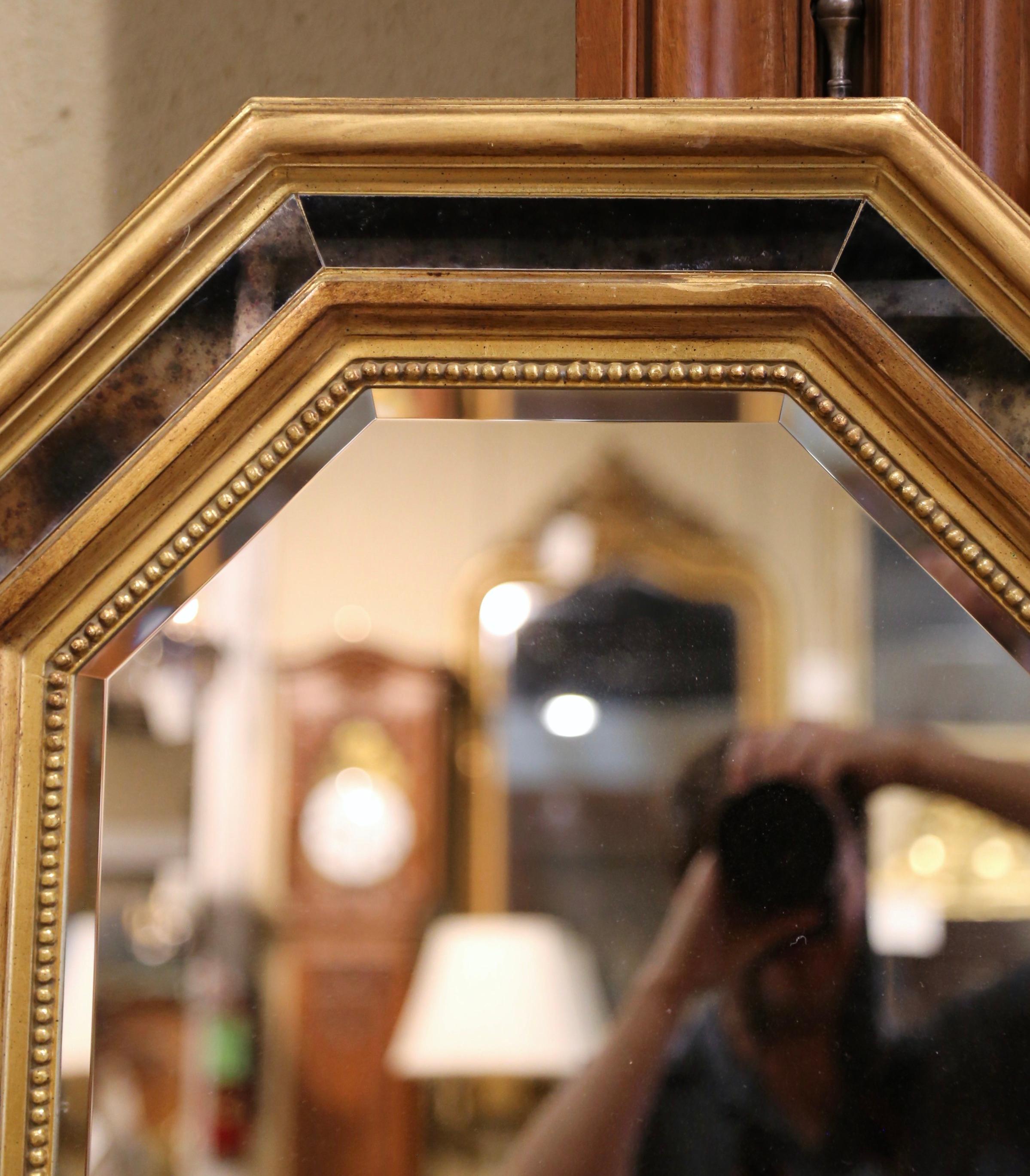 20th Century Mid-Century French Giltwood, Smoked Beveled Glass Octagonal Overlay Wall Mirror  For Sale
