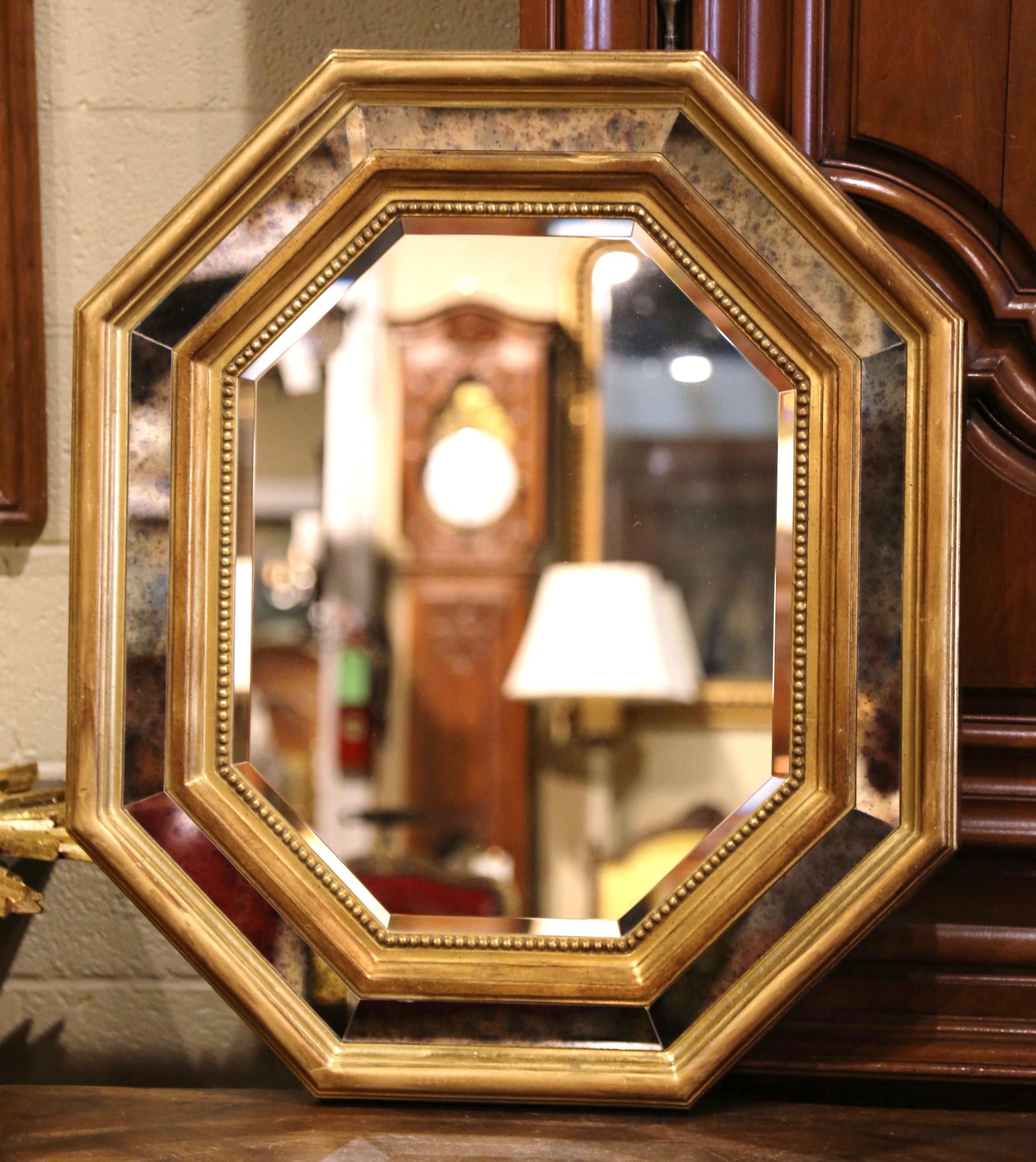 Mid-Century French Giltwood, Smoked Beveled Glass Octagonal Overlay Wall Mirror  For Sale 1