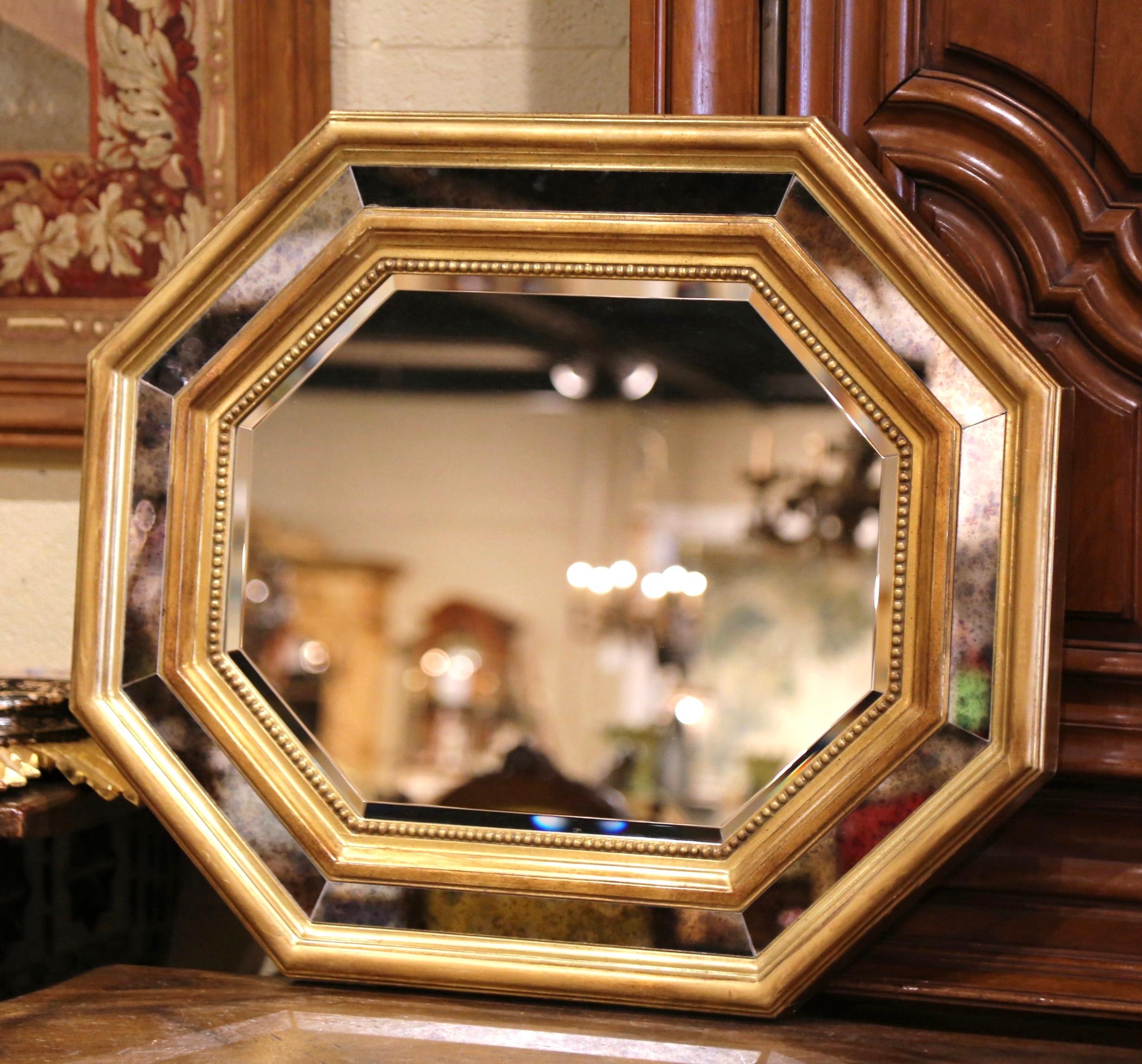 Mid-Century French Giltwood, Smoked Beveled Glass Octagonal Overlay Wall Mirror  For Sale 2