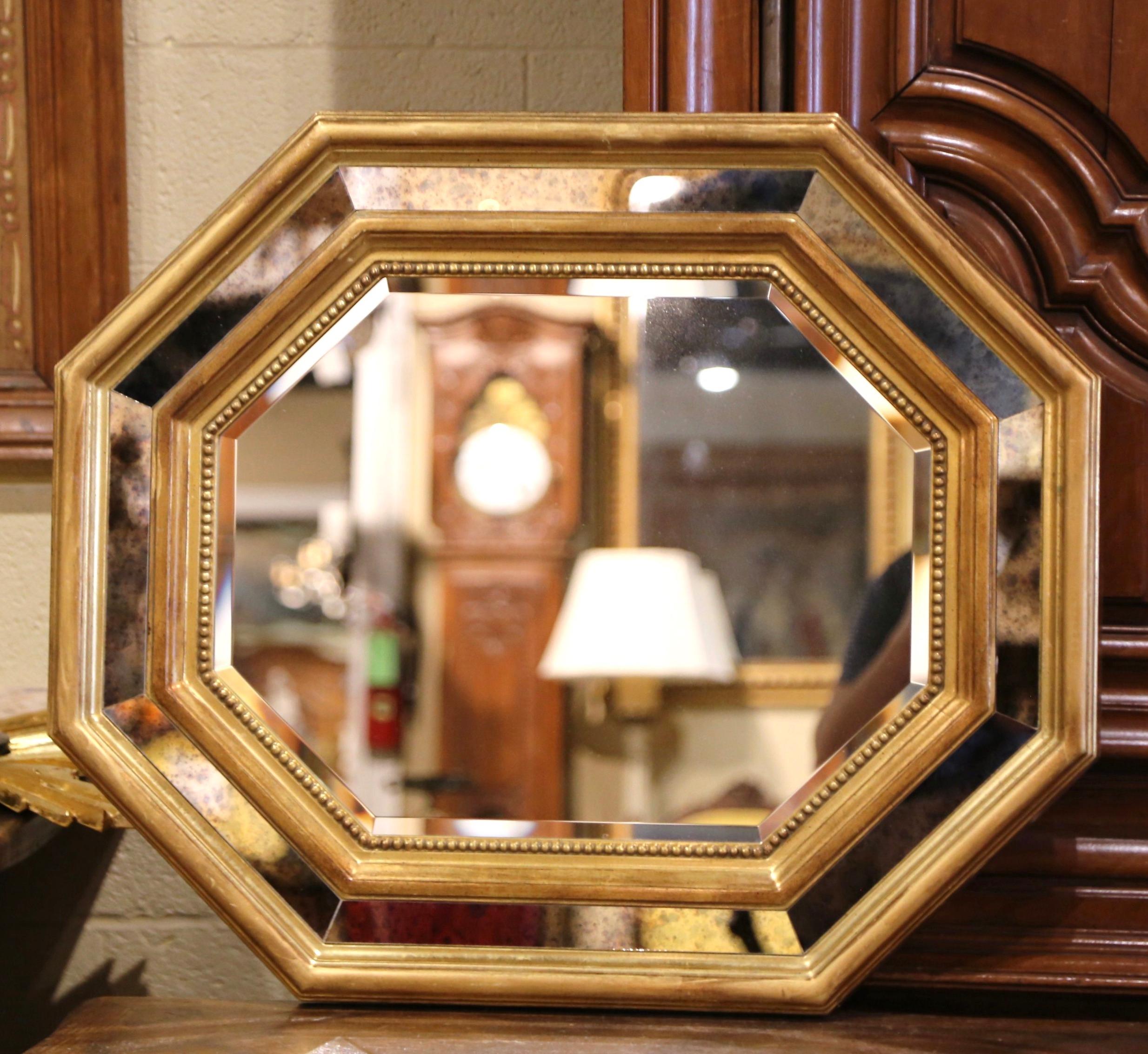 Mid-Century French Giltwood, Smoked Beveled Glass Octagonal Overlay Wall Mirror  For Sale 3