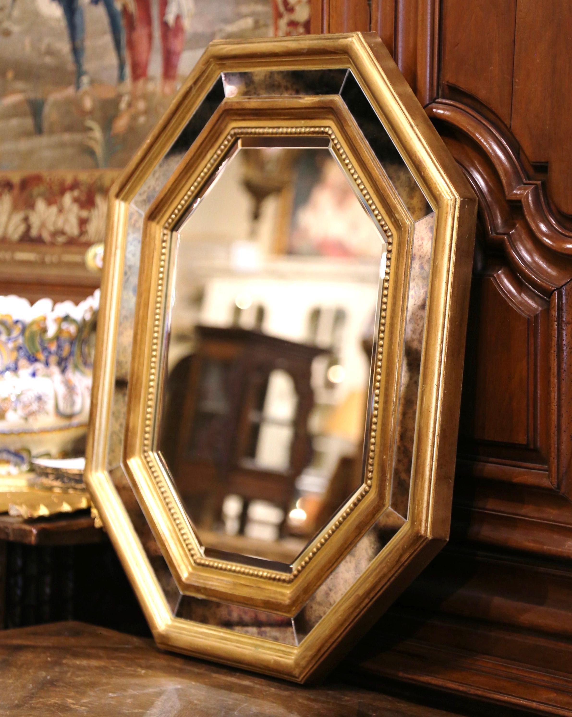 Mid-Century French Giltwood, Smoked Beveled Glass Octagonal Overlay Wall Mirror  For Sale 5