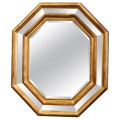 Mid-Century French Giltwood, Smoked Beveled Glass Octagonal Overlay Wall Mirror