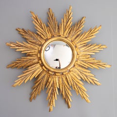 Mid Century French Giltwood Sunburst Convex Mirror
