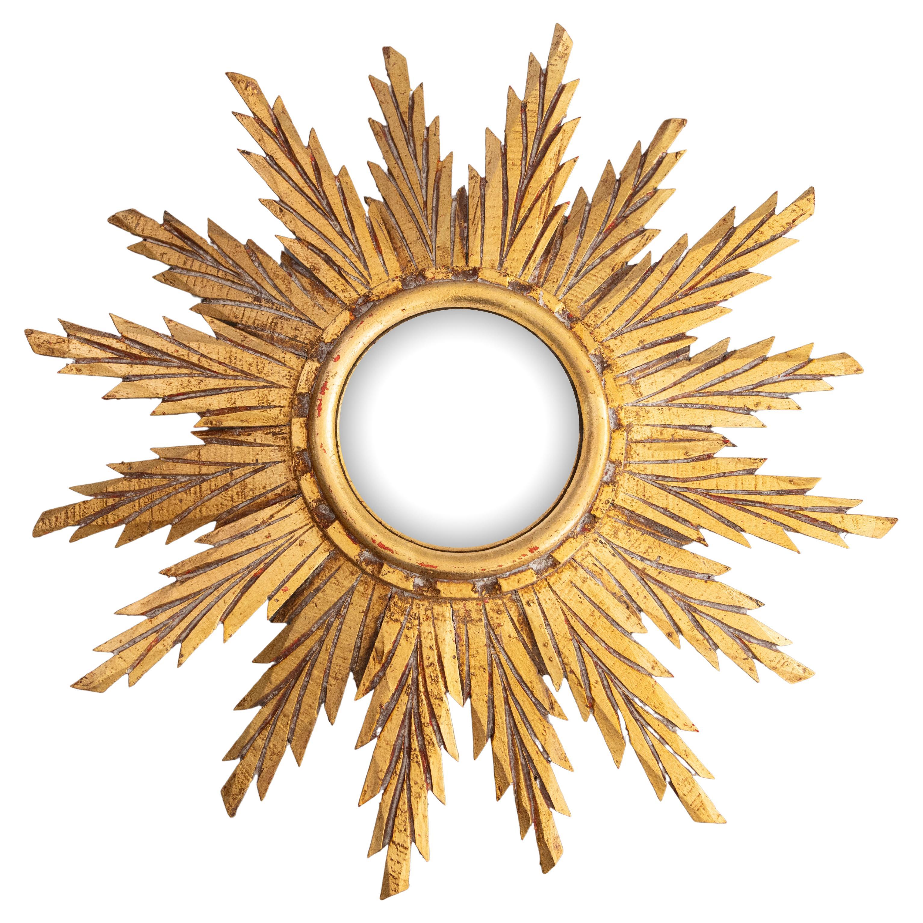 Mid Century French Giltwood Sunburst Convex Mirror