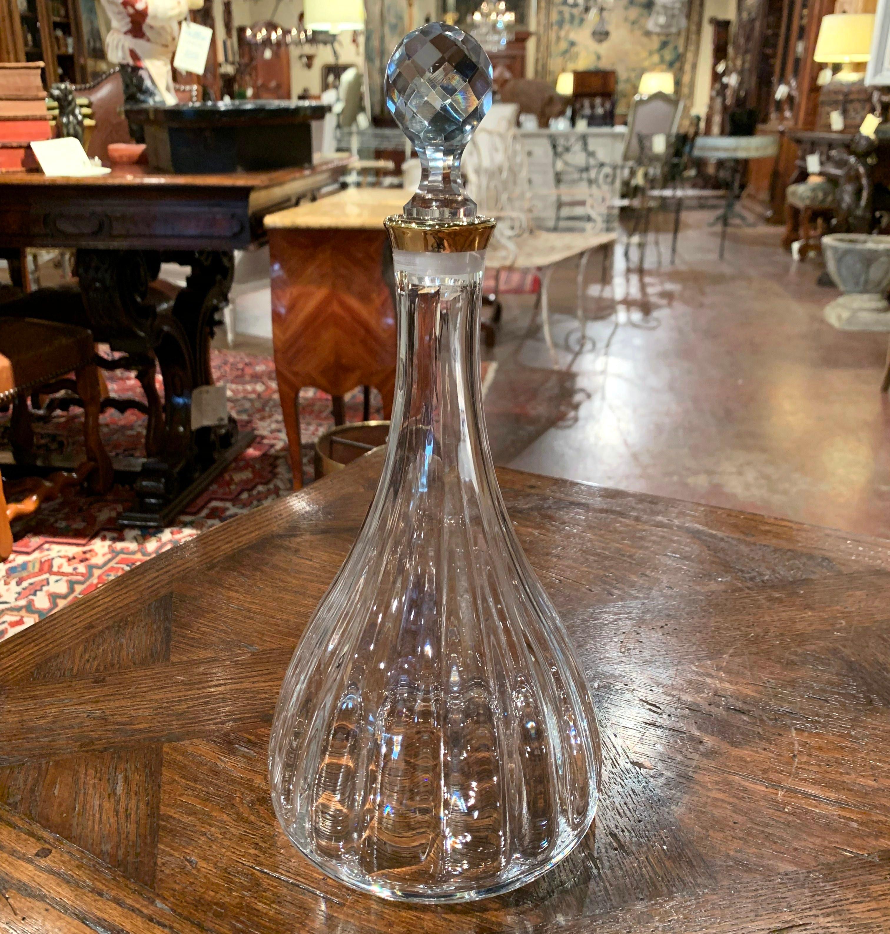 Midcentury French Glass and Brass Magnum Wine Decanter with Stopper In Excellent Condition In Dallas, TX