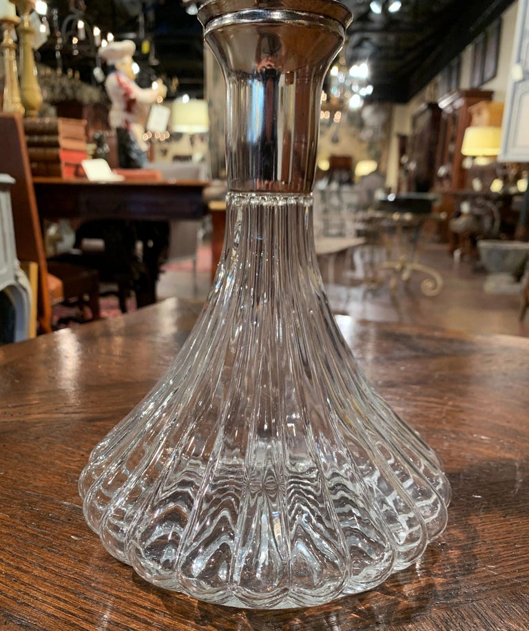 Midcentury French Glass and Brass Wine Decanter with Stopper from