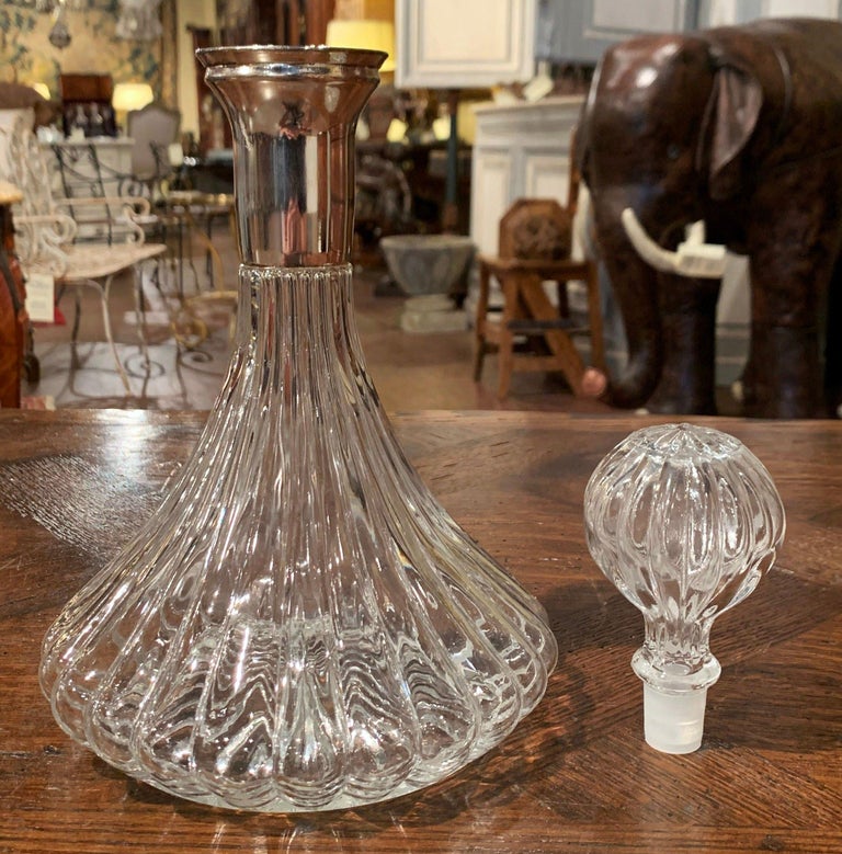 Midcentury French Glass and Brass Wine Decanter with Stopper from