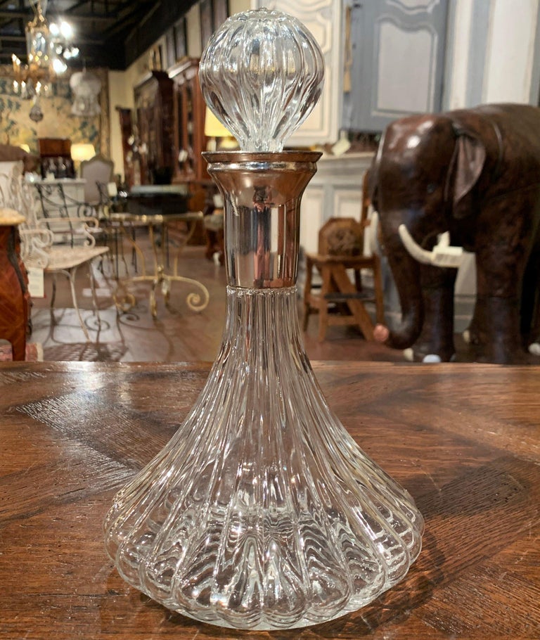 Midcentury French Glass and Brass Wine Decanter with Stopper from