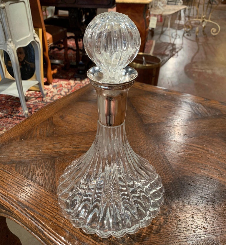 Midcentury French Glass and Brass Wine Decanter with Stopper from