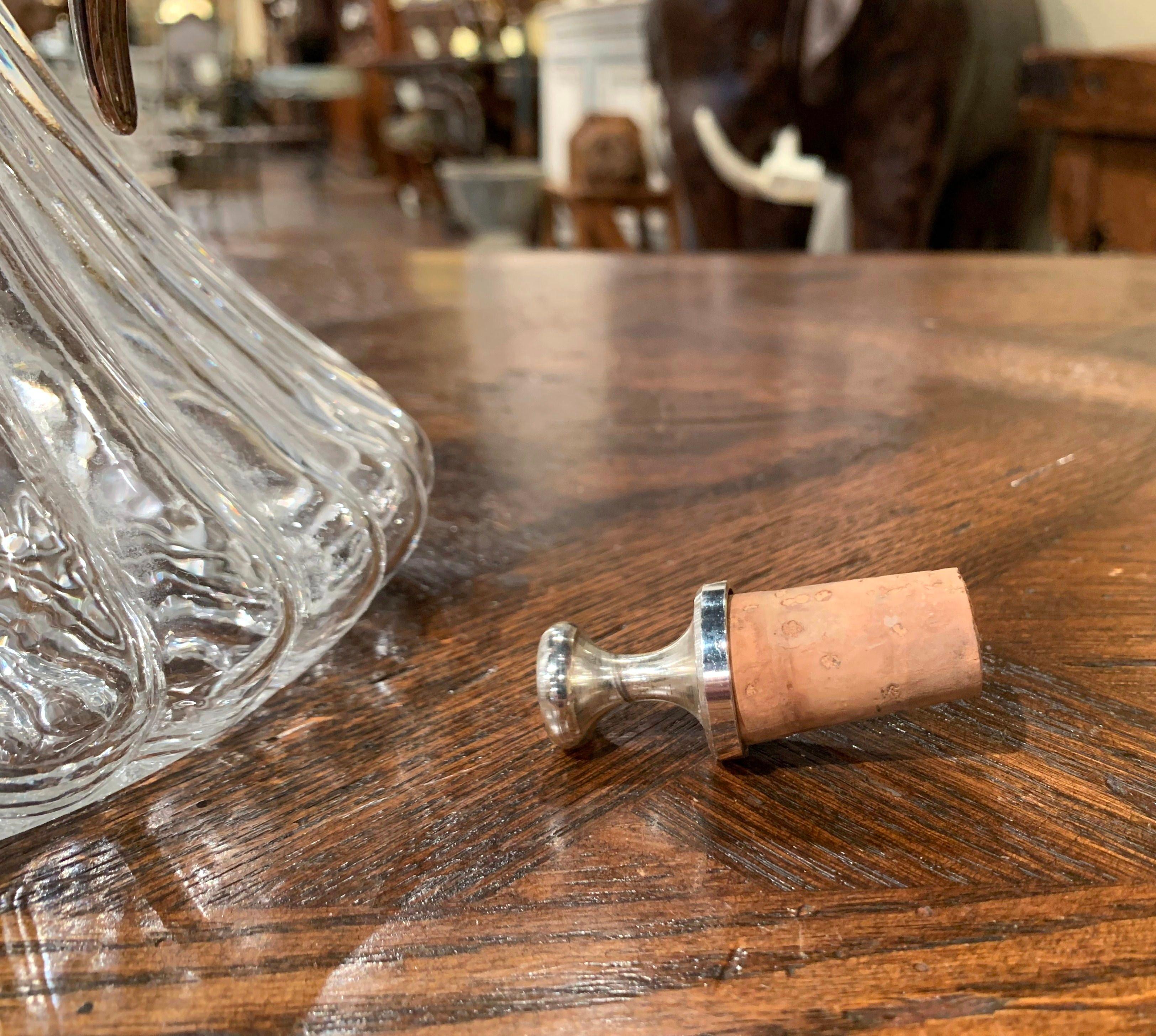 Hand-Crafted Midcentury French Glass and Silver Plated Over Brass Wine Decanter with Stopper