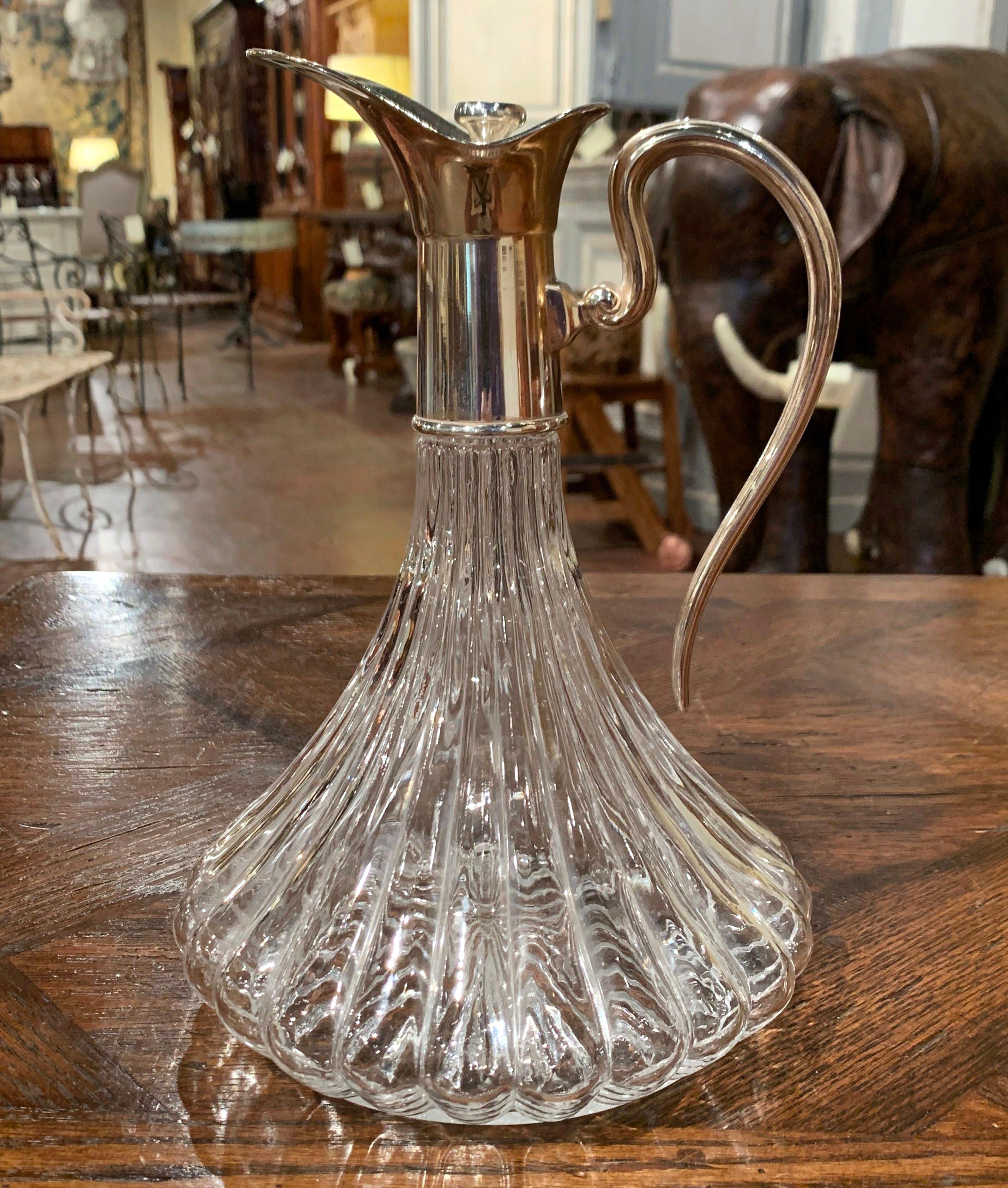 Midcentury French Glass and Silver Plated Over Brass Wine Decanter with Stopper In Excellent Condition In Dallas, TX