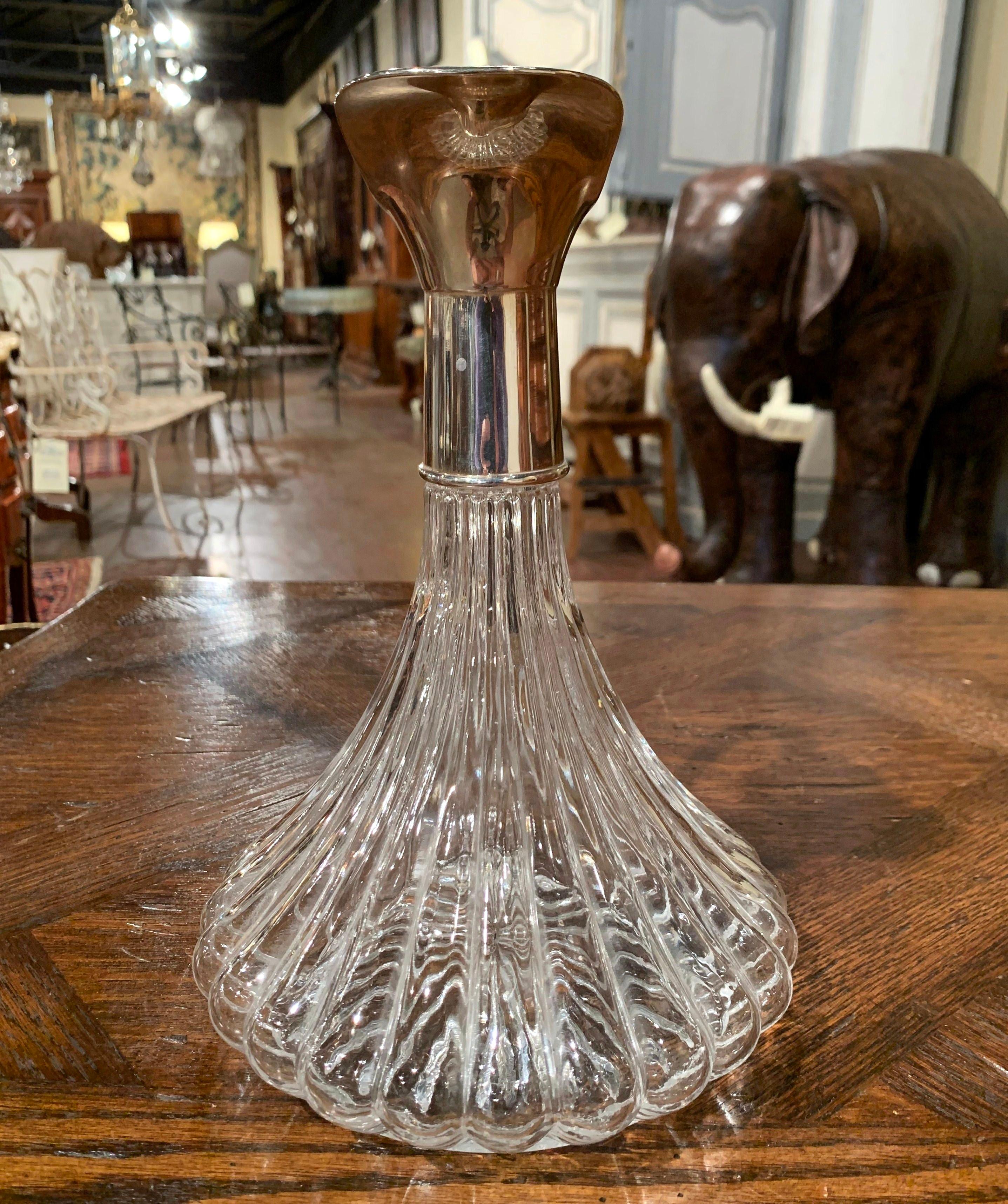 20th Century Midcentury French Glass and Silver Plated Over Brass Wine Decanter with Stopper