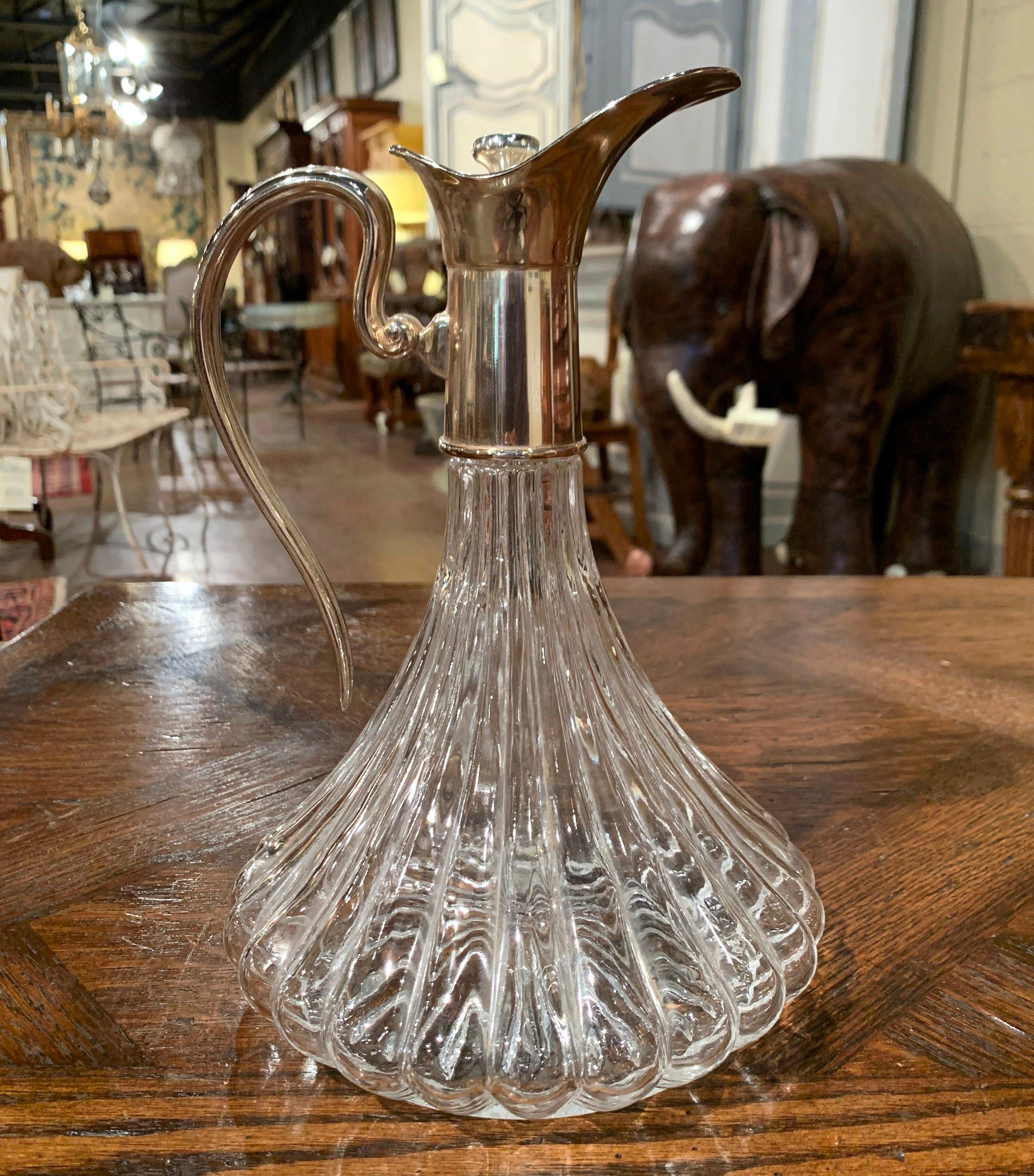 Midcentury French Glass and Silver Plated Over Brass Wine Decanter with Stopper 1