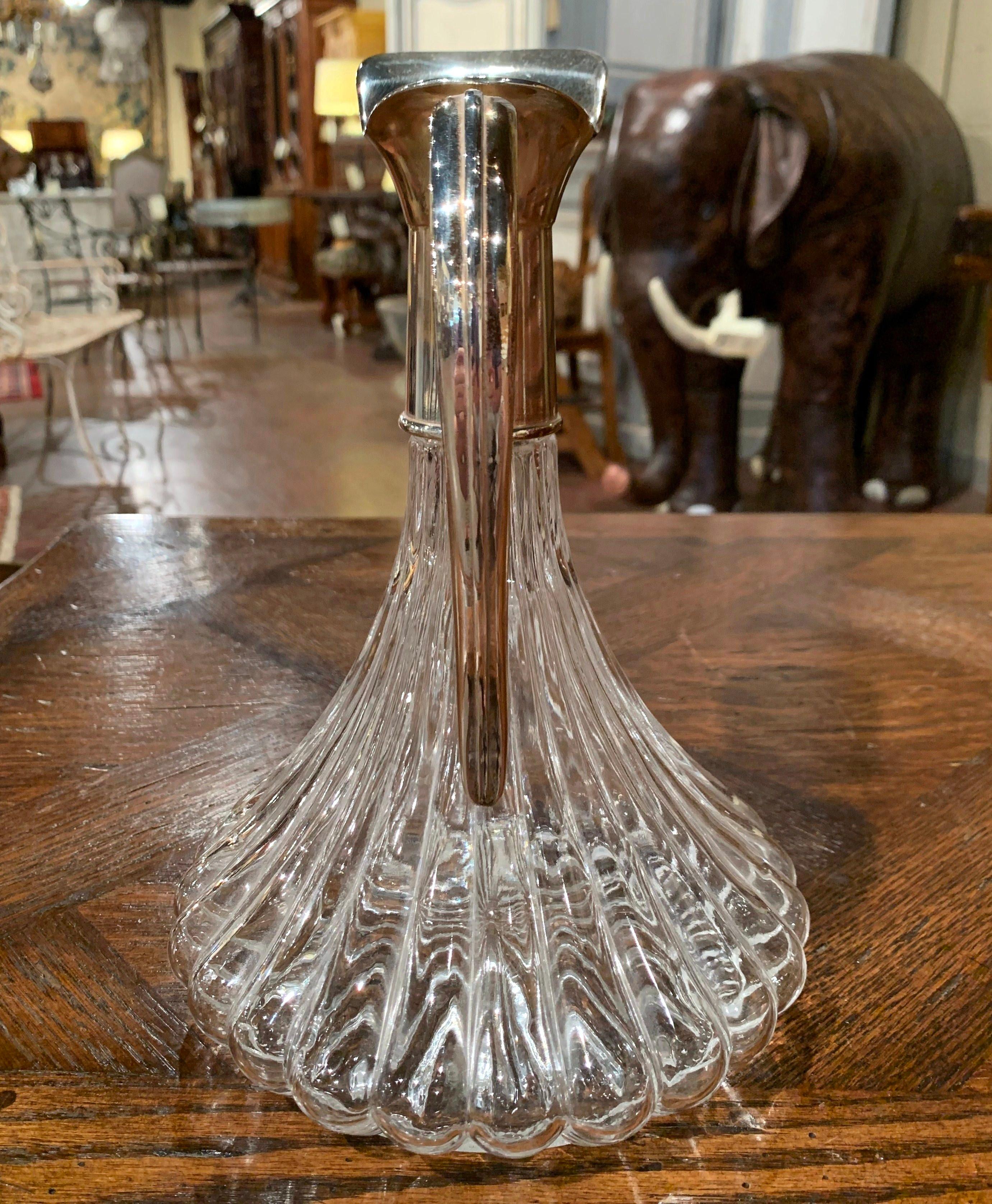 Midcentury French Glass and Silver Plated Over Brass Wine Decanter with Stopper 3