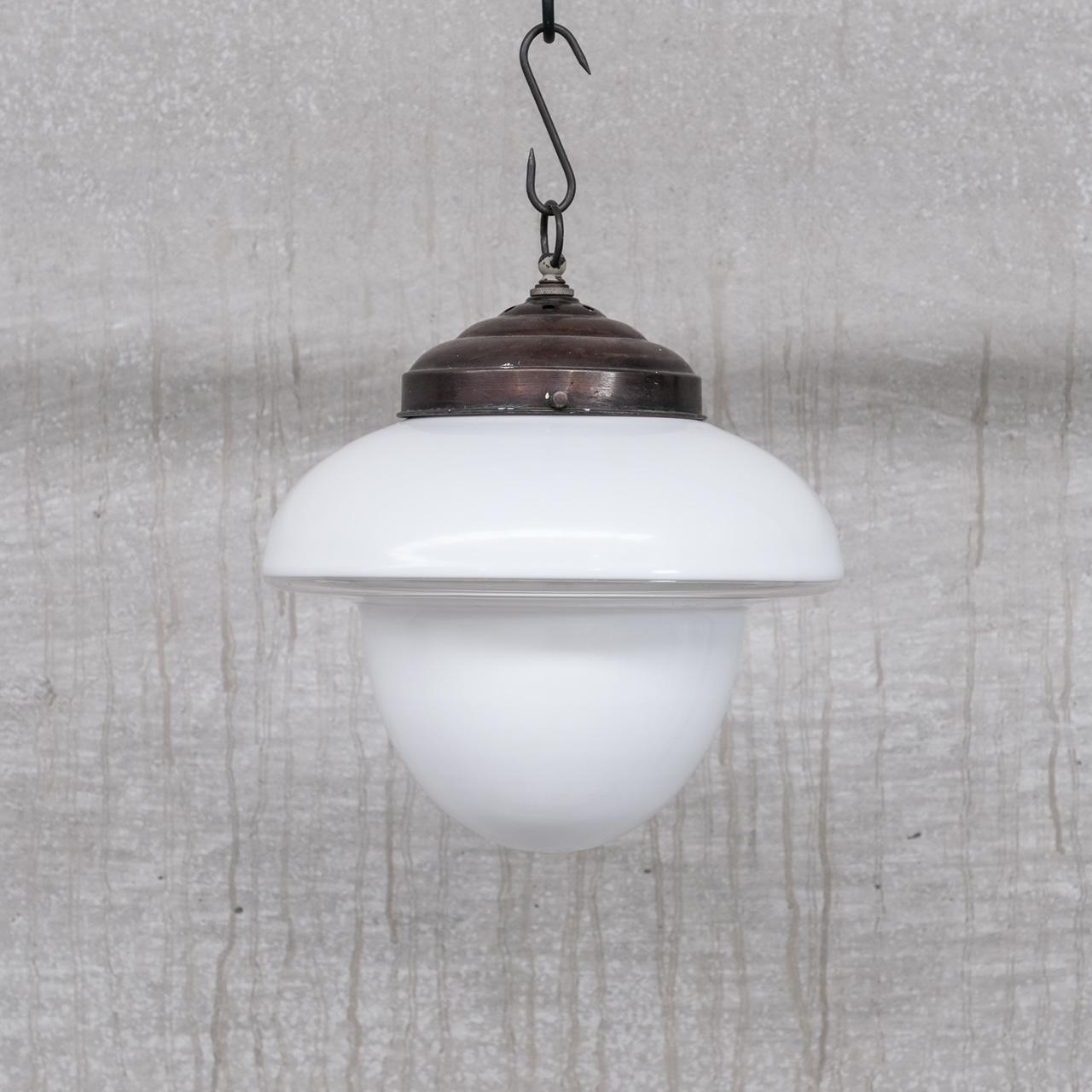 Mid-Century French Glass Two Tone Opaline Pendant Light In Good Condition For Sale In London, GB