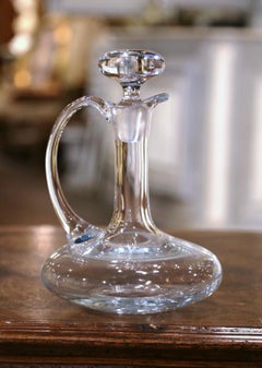 Mid-Century French Glass Wine Carafe Decanter with Stopper and Handle
