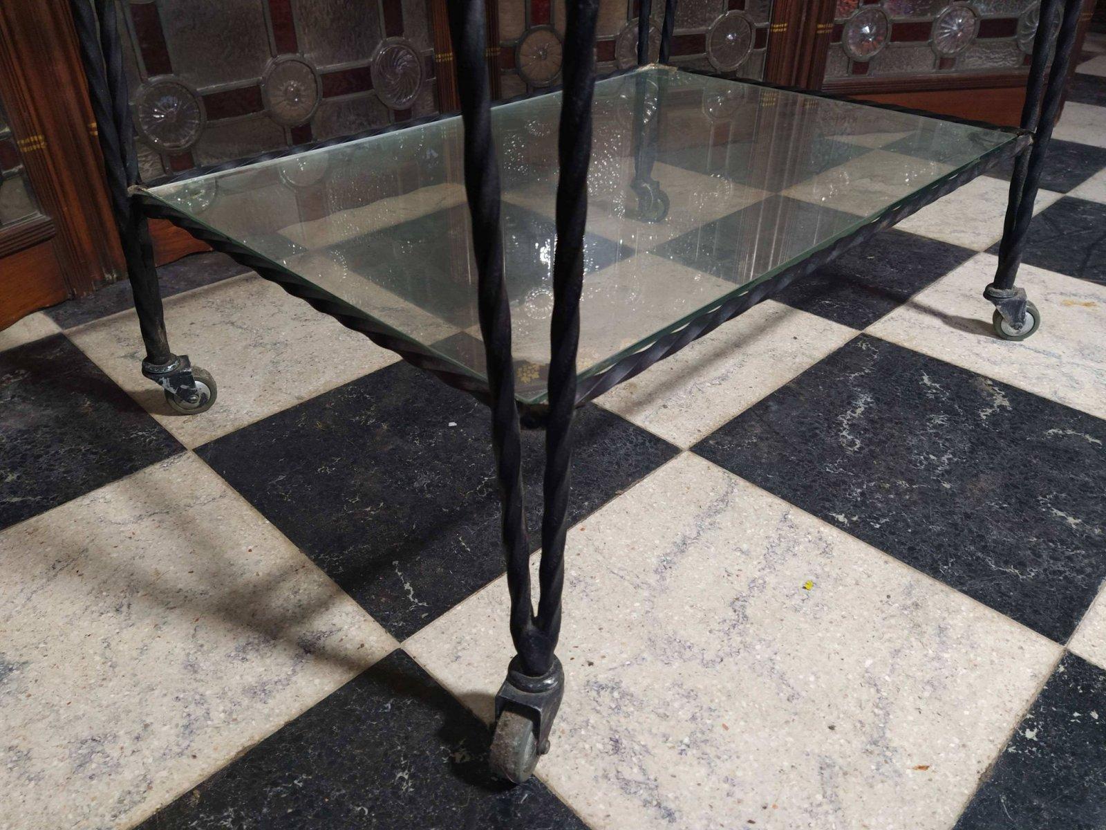 Mid Century French Glass & Wrought Iron 2 Tier Tea or Dessert Trolley on Castors For Sale 1