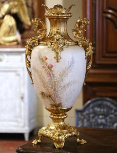 Mid-Century French Gold Plated Brass and Painted Porcelain Urn with Foliage