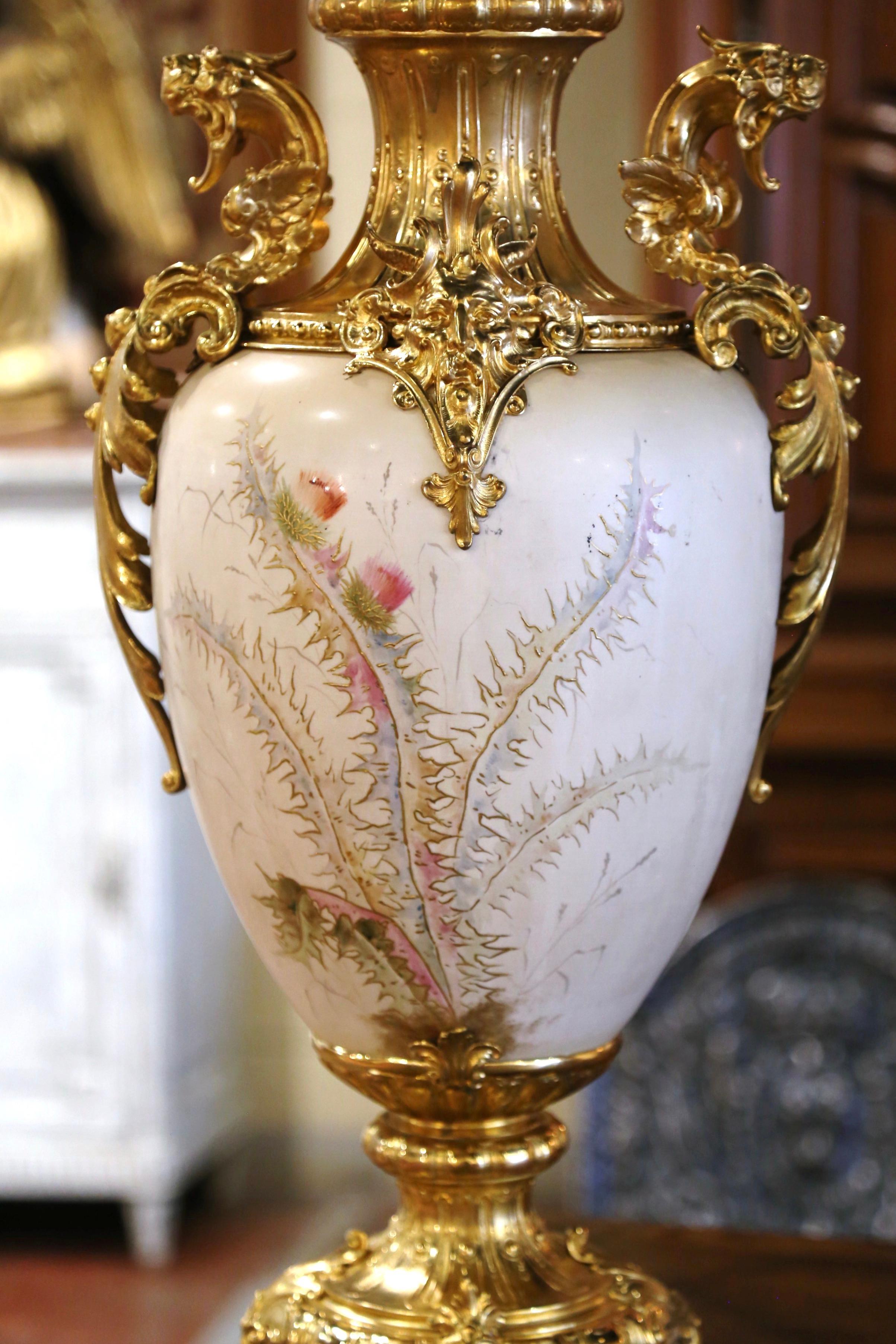 Mid-Century French Gold Plated Brass and Painted Porcelain Urn with Foliage For Sale 3