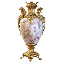 Mid-Century French Gold Plated Brass and Painted Porcelain Urn with Foliage