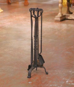 Mid-Century French Gothic Hand-Forged Iron Fireplace Serviteur Set