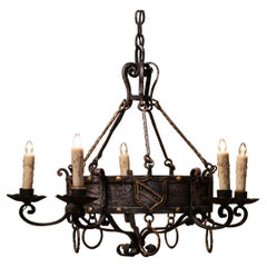 Vintage Mid-Century French Gothic Polished and Gilt Iron Five-Light Chandelier