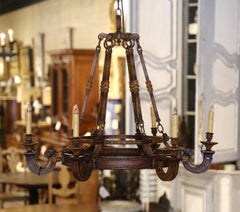Mid-Century French Gothic Rust and Gilt Six-Light Round Iron Chandelier