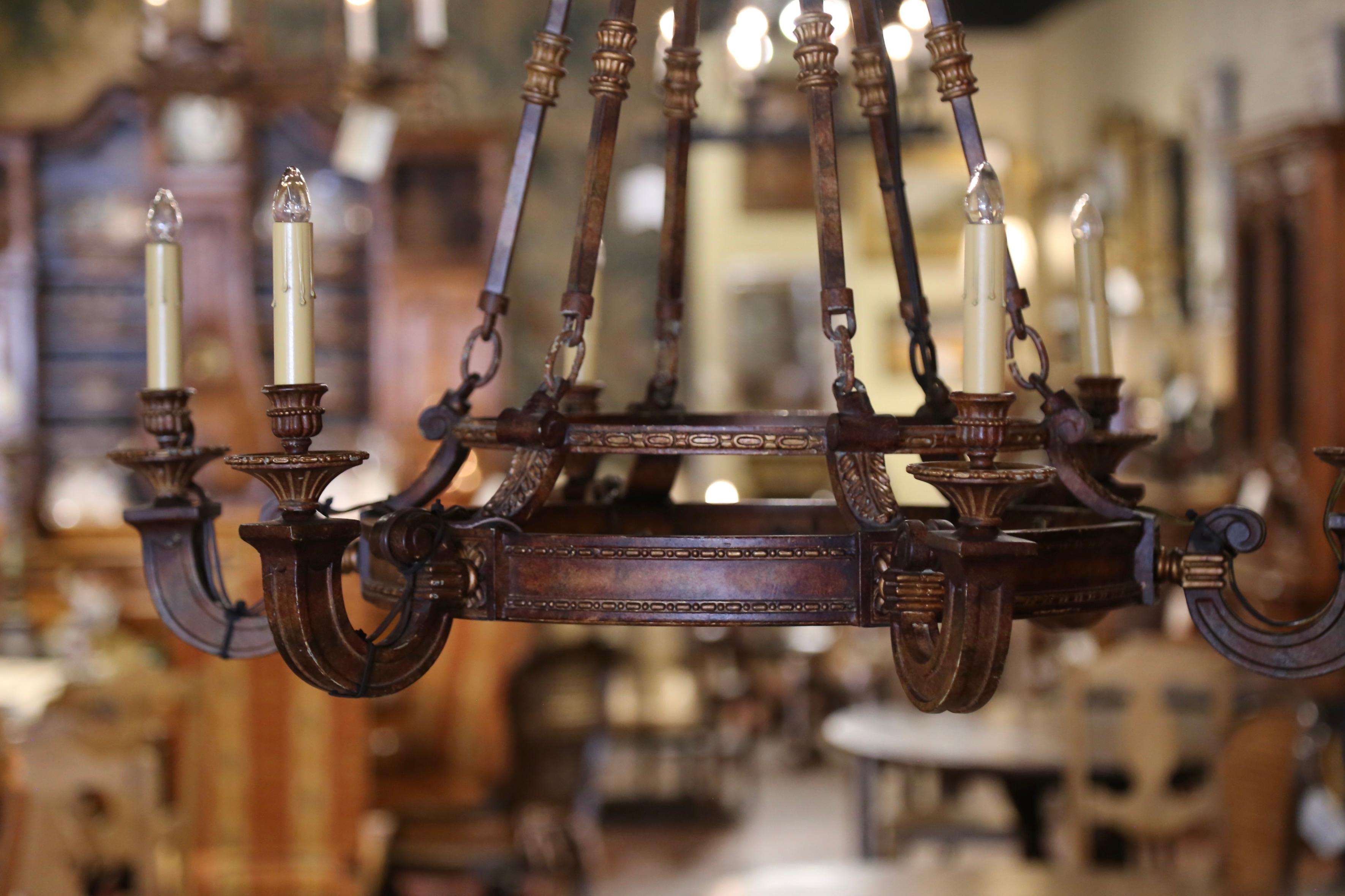 Forged Mid-Century French Gothic Rust and Gilt Six-Light Round Iron Chandelier For Sale