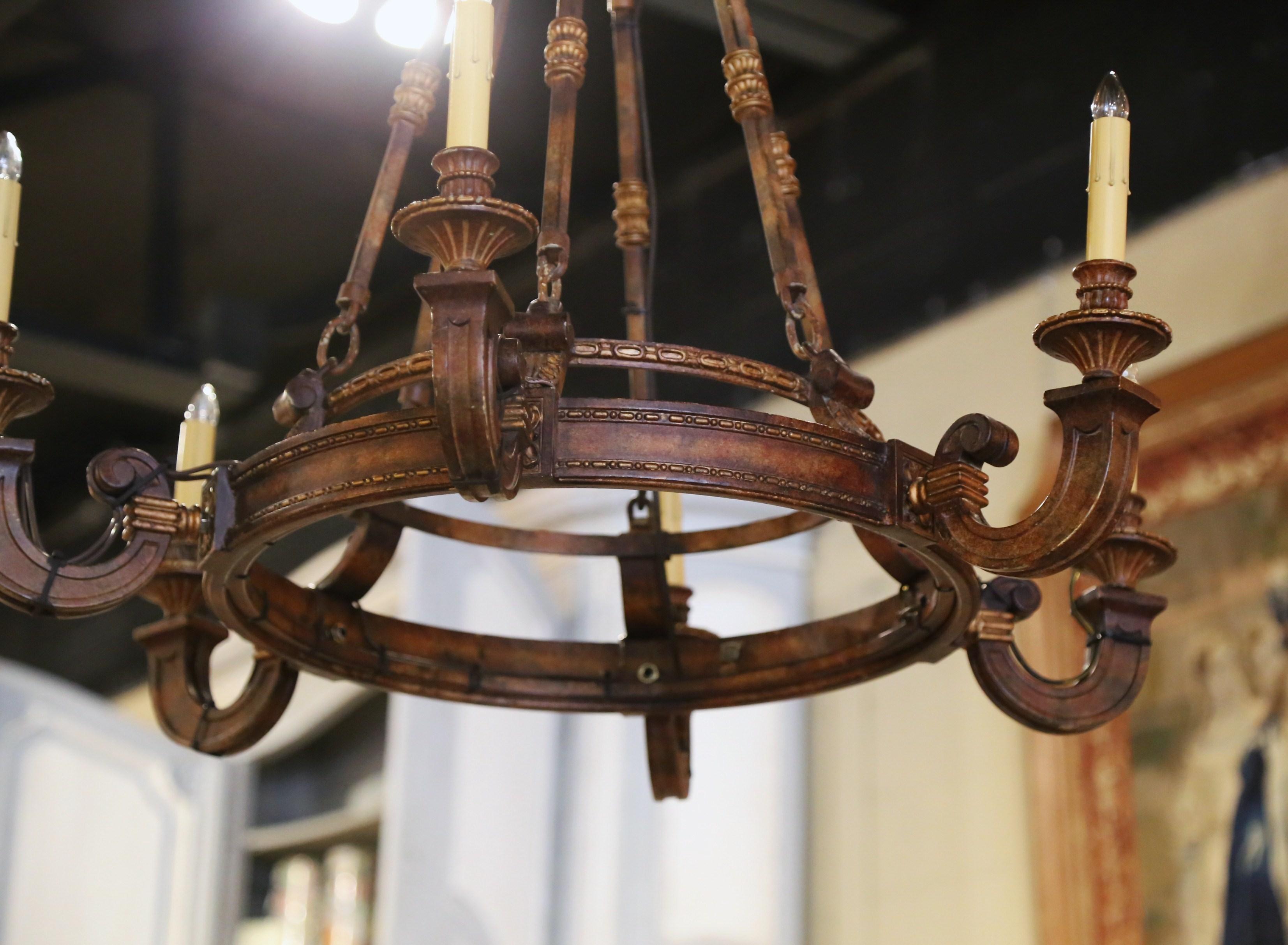 20th Century Mid-Century French Gothic Rust and Gilt Six-Light Round Iron Chandelier For Sale