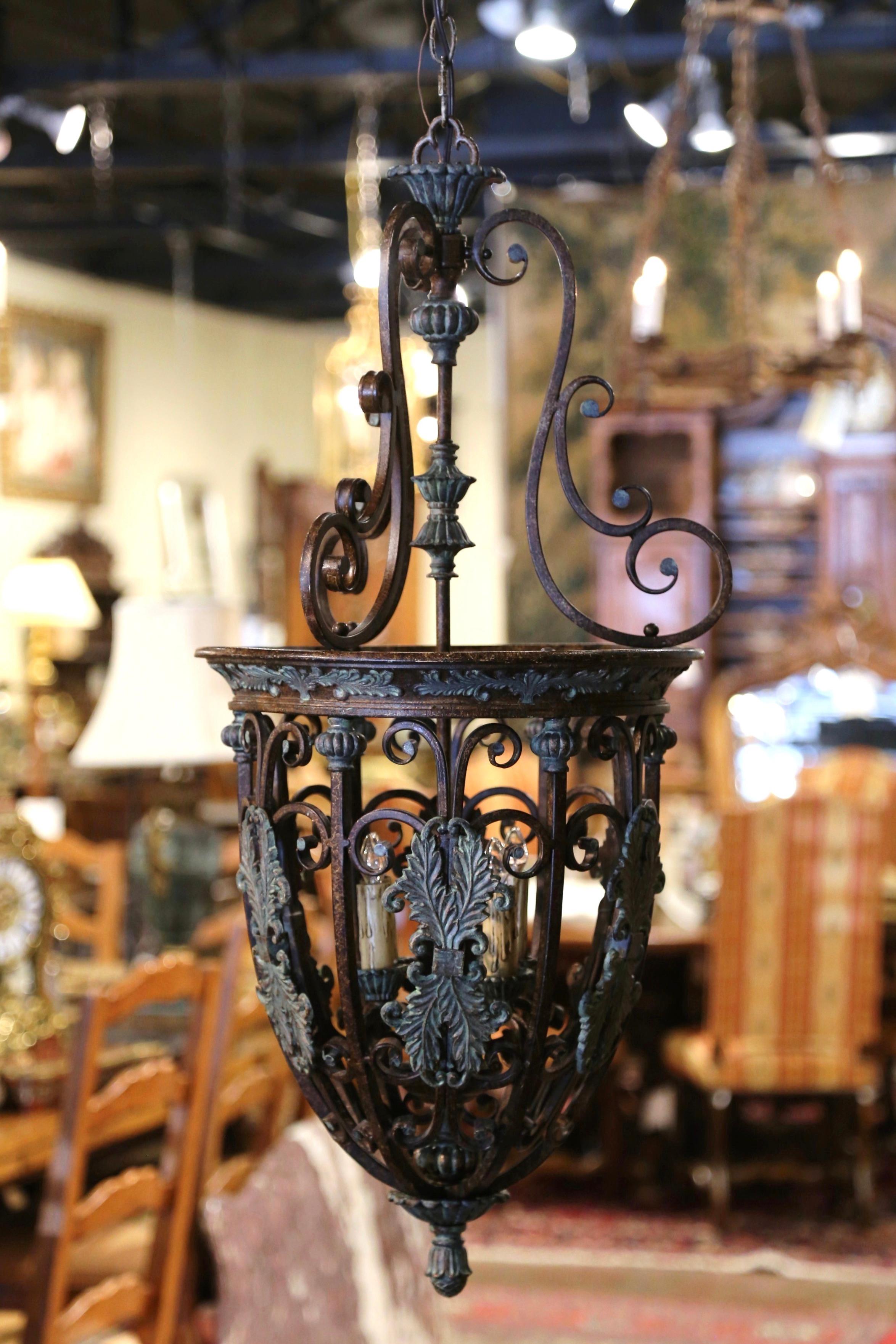 Patinated Midcentury French Gothic Verdigris and Bronze Iron Four-Light Ceiling Lantern