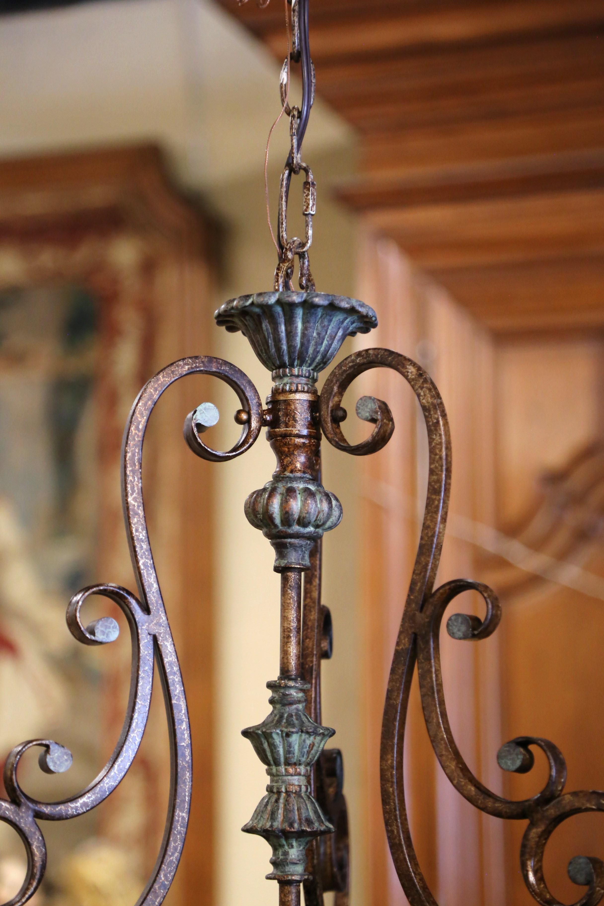 20th Century Midcentury French Gothic Verdigris and Bronze Iron Four-Light Ceiling Lantern