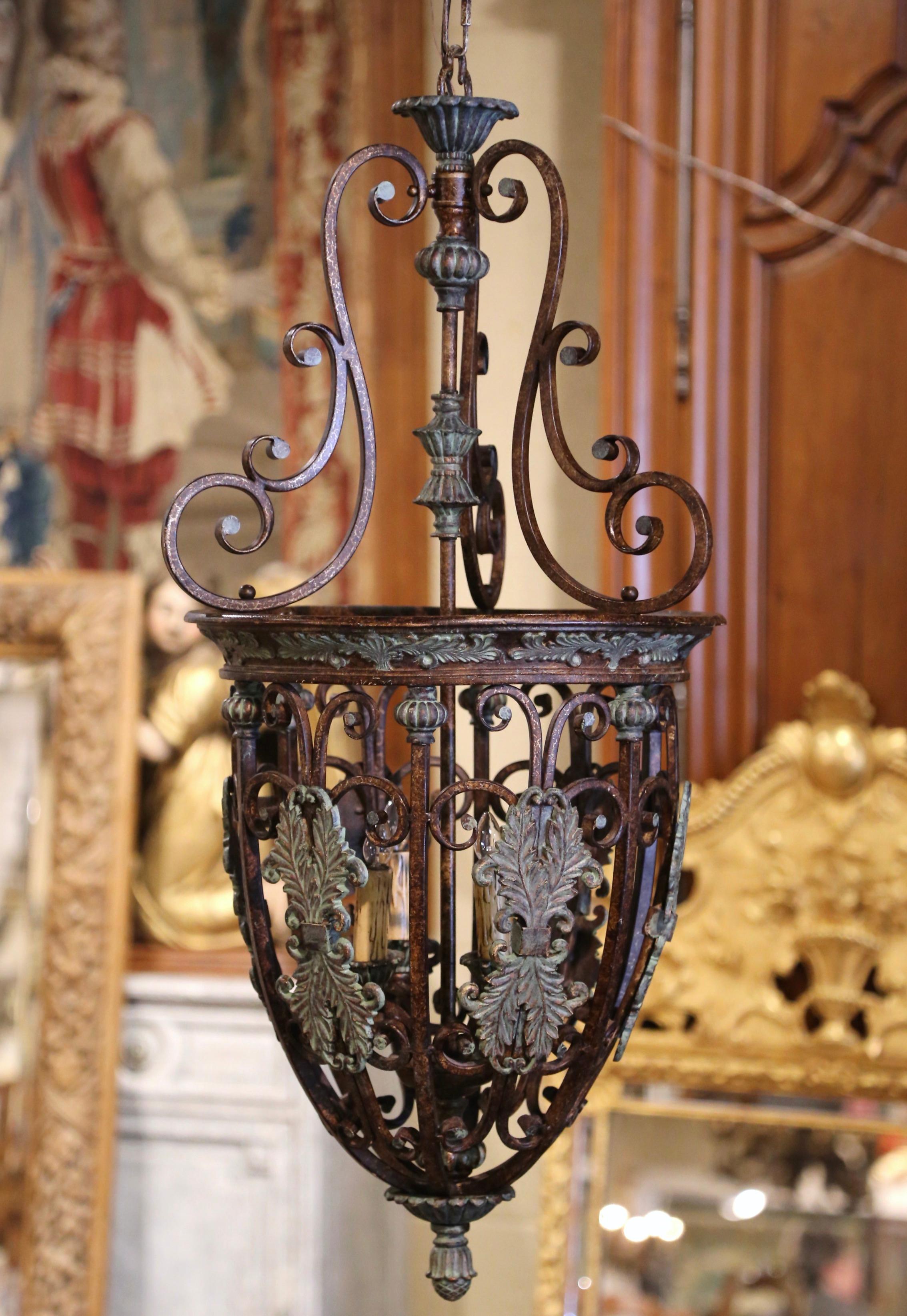 Midcentury French Gothic Verdigris and Bronze Iron Four-Light Ceiling Lantern 1