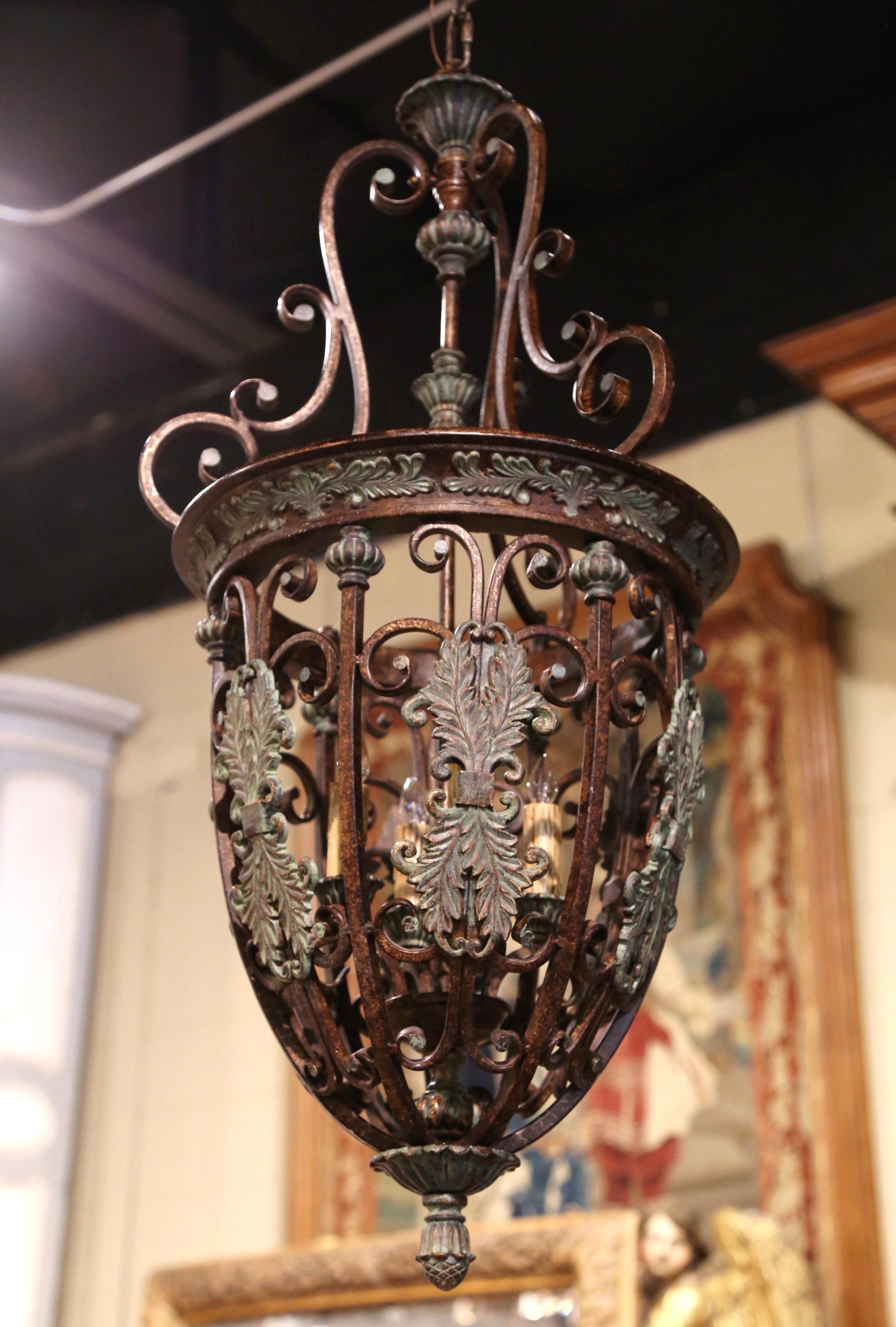 Midcentury French Gothic Verdigris and Bronze Iron Four-Light Ceiling Lantern 2