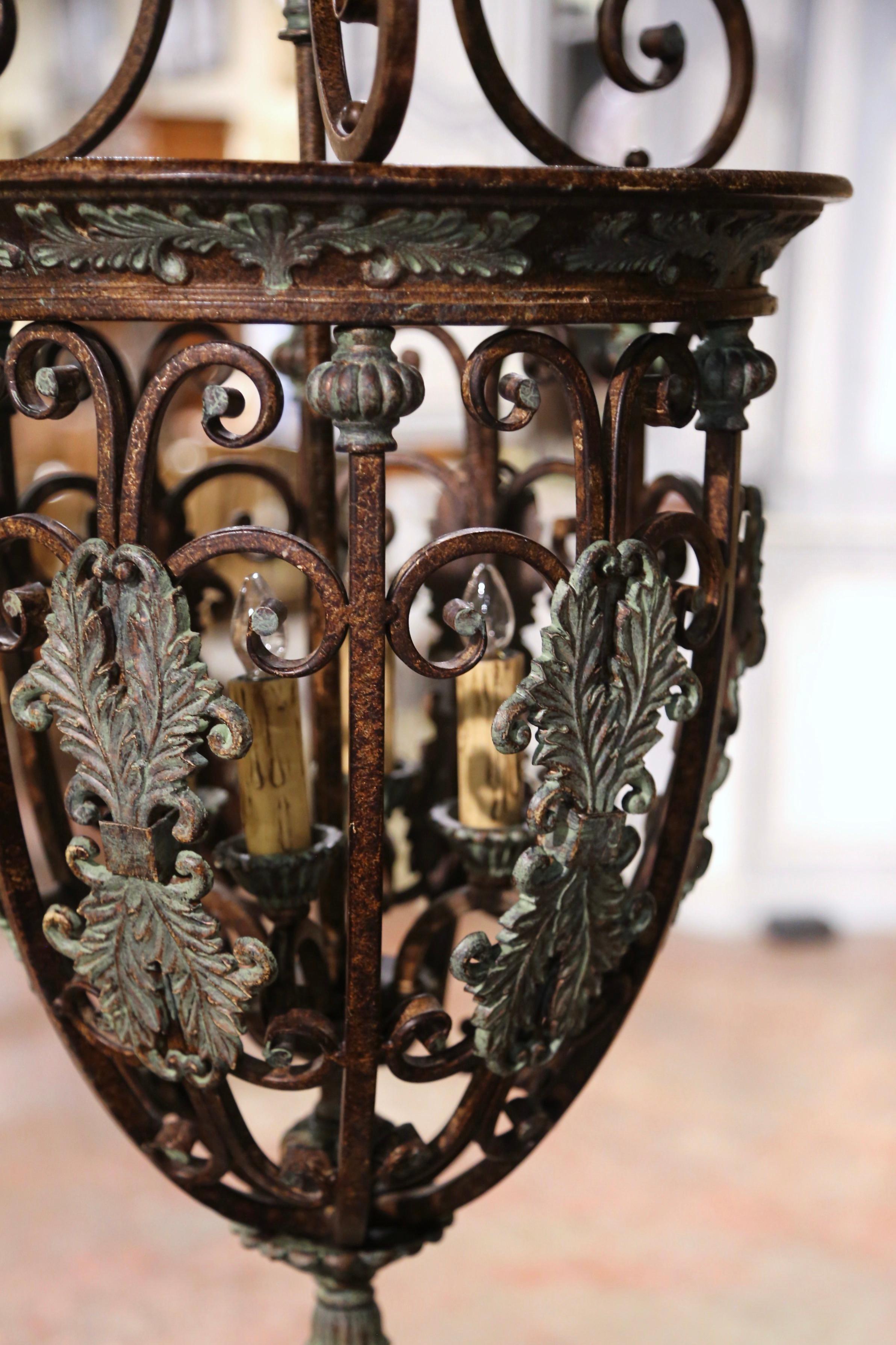 Midcentury French Gothic Verdigris and Bronze Iron Four-Light Ceiling Lantern 3