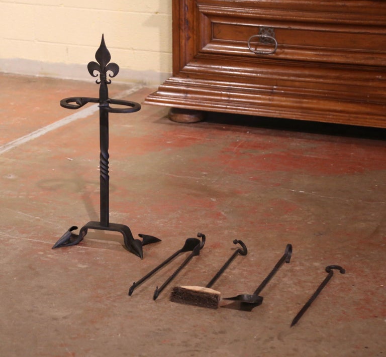 Mid-Century French Gothic Wrought Iron Fireplace Tool Set with Fleur-de ...
