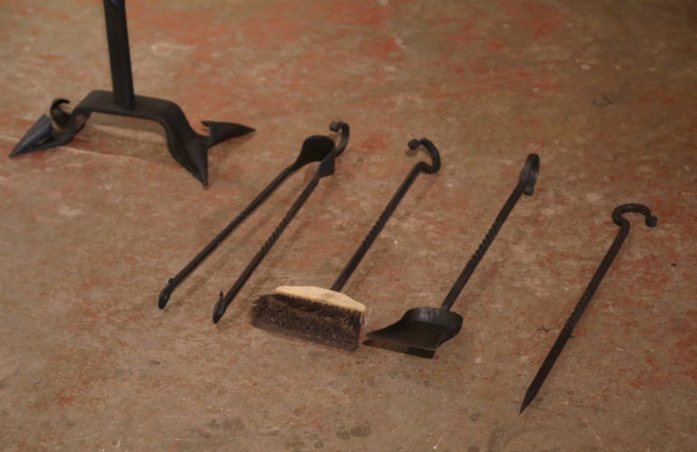 Mid-Century French Gothic Wrought Iron Fireplace Tool Set with Fleur-de ...