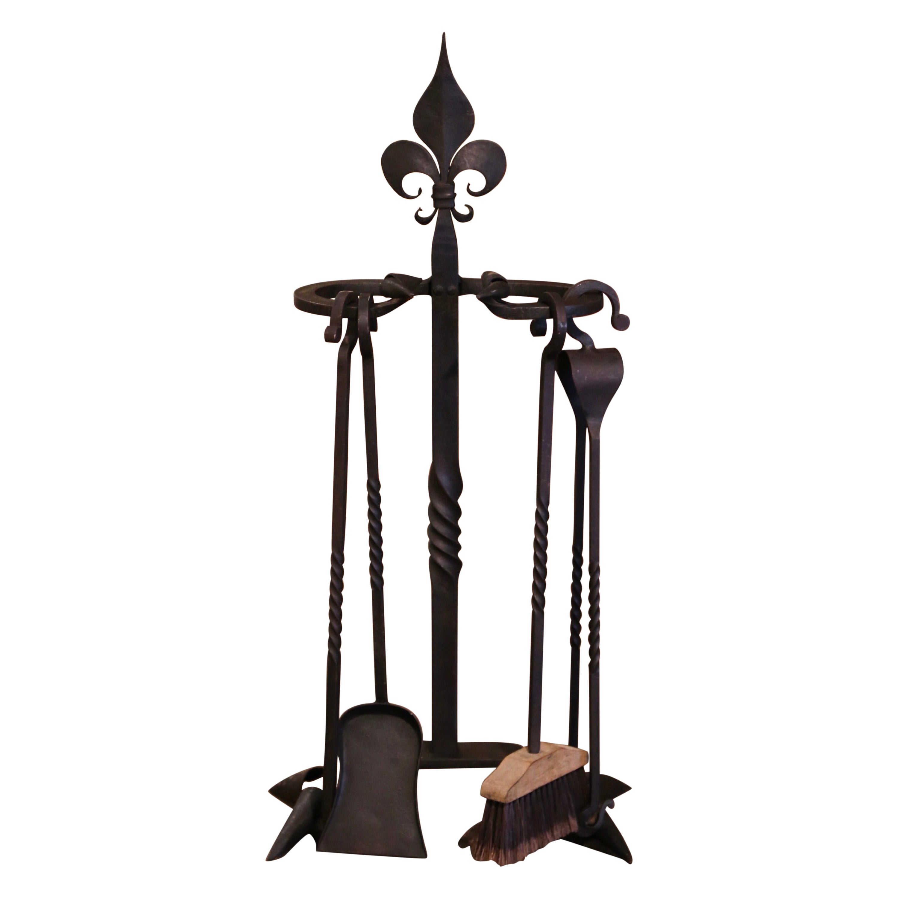 Set di utensili per caminetto in ferro battuto in stile gotico francese di metà secolo, con fiori e foglie di lino