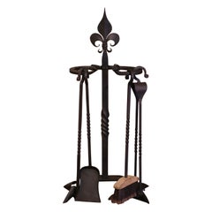 Mid-Century French Gothic Wrought Iron Fireplace Tool Set with Fleur-de-Lys