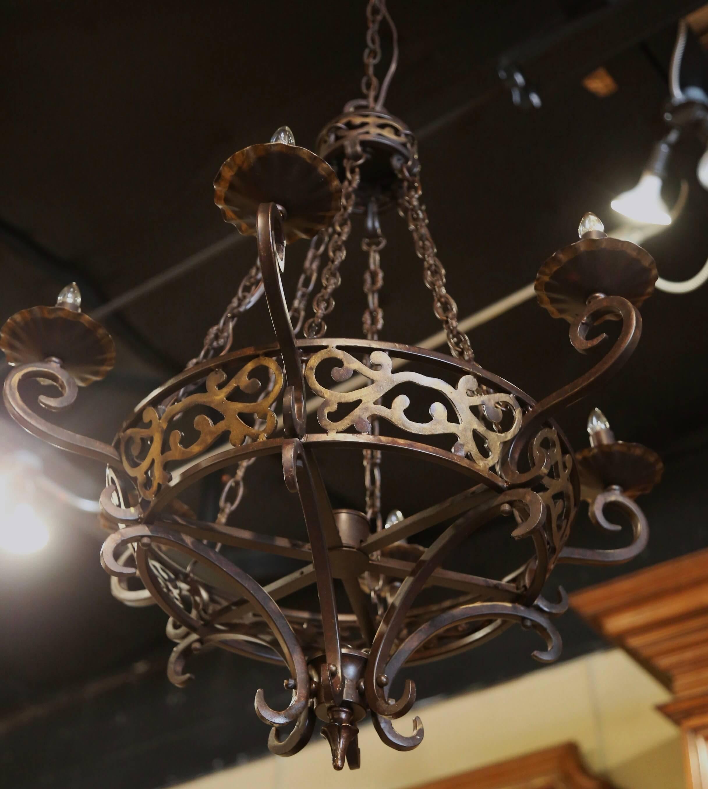 Mid-Century French Gothic Wrought Iron Six Light Chandelier In Excellent Condition For Sale In Dallas, TX