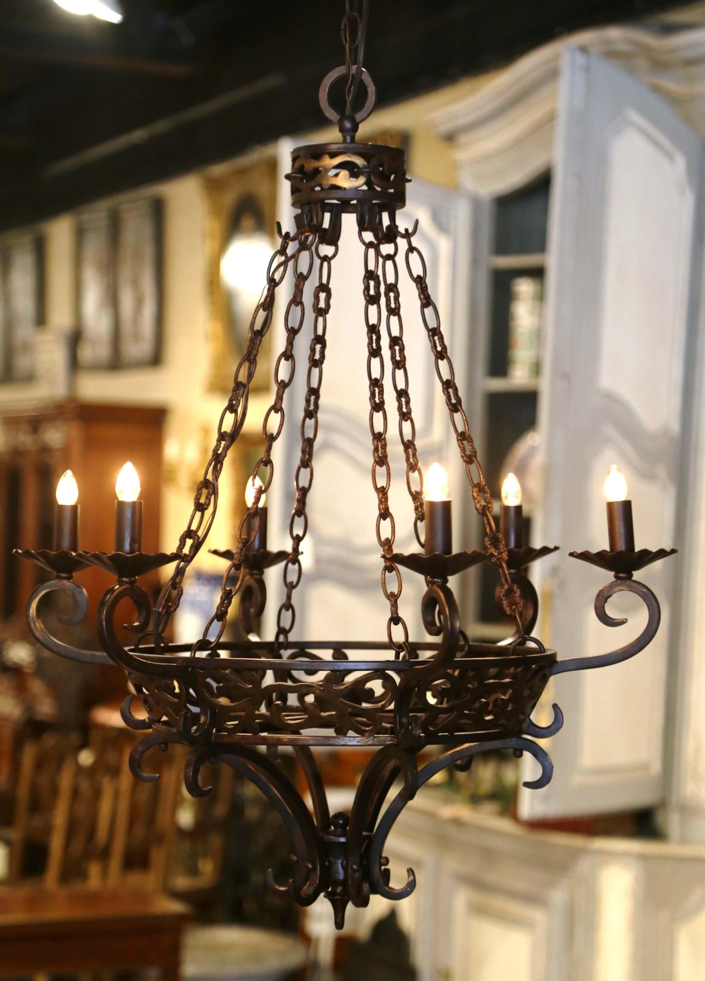 Mid-Century French Gothic Wrought Iron Six Light Chandelier For Sale 1